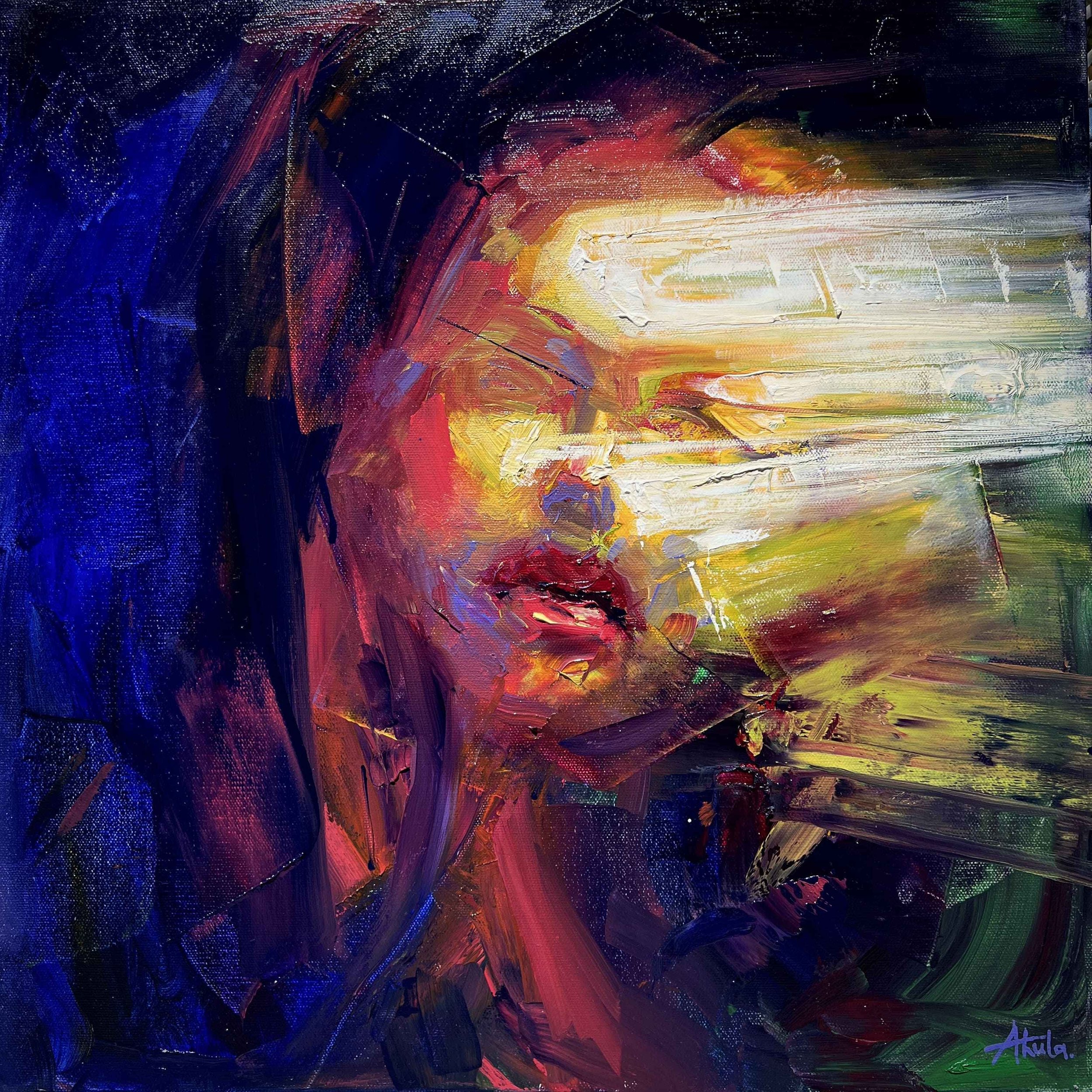 Abstract expressionist painting with bold red, blue, black, white, and gold brushstrokes on canvas