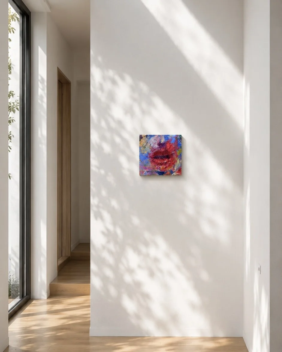 Original textured oil painting by contemporary artist Taia Akulova, featuring expressive red, pink, blue, and purple brushstrokes.