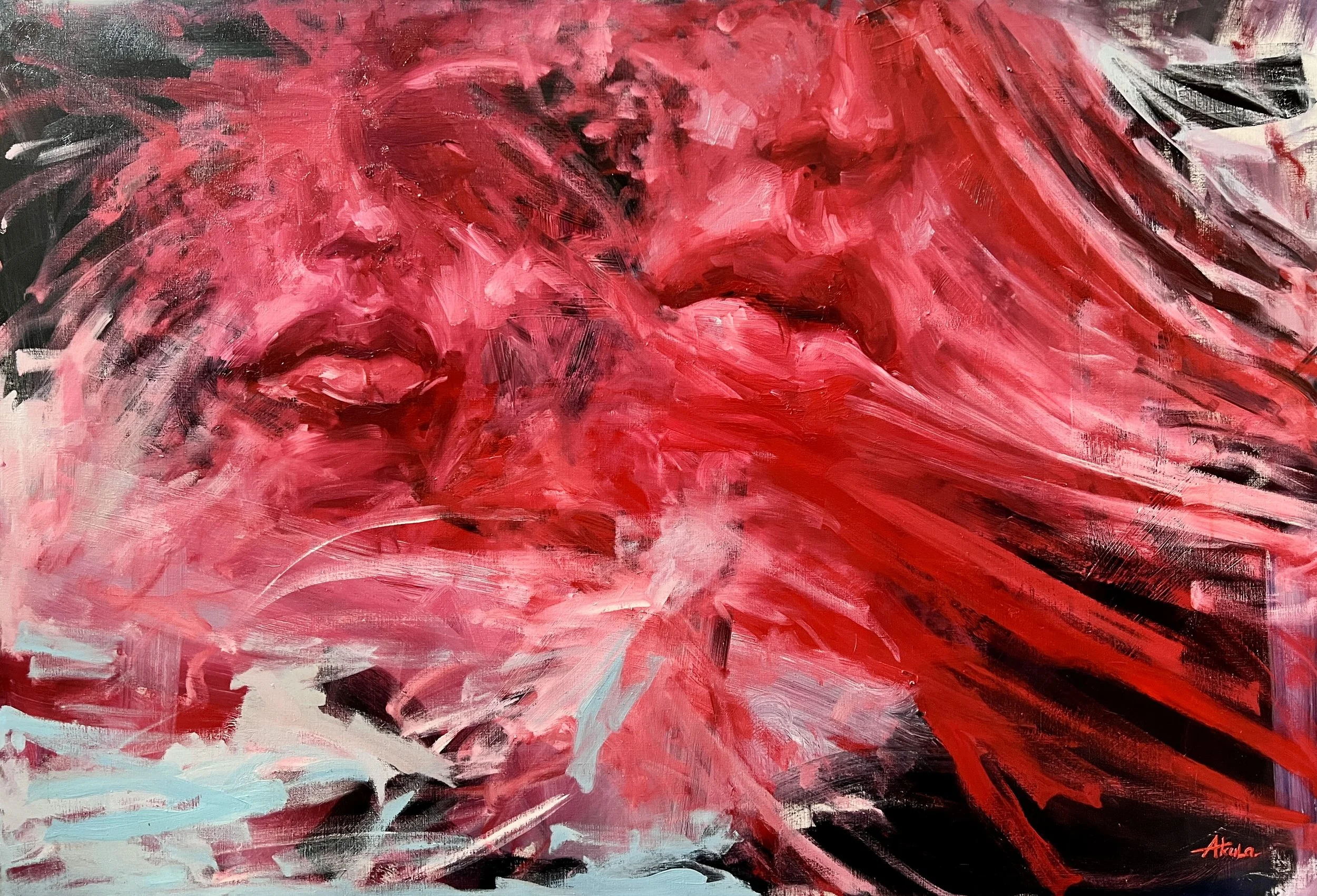 Abstract expressionist painting with bold red, crimson, pink, black, white, and pale blue brushstrokes