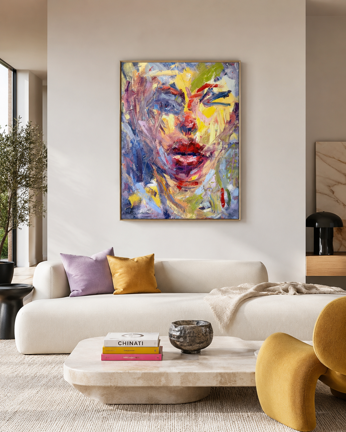 Modern living room with colorful abstract portrait artwork, cream sofa, mustard and lavender pillows, marble coffee table, and yellow accent chair