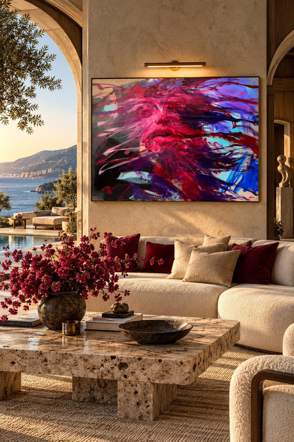 Luxury coastal living room with colorful abstract painting, cream sectional sofa, stone coffee table, floral arrangement, pool, and ocean view