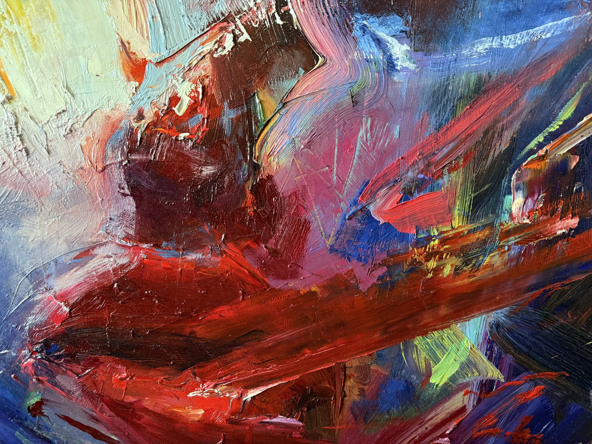Explosion, an original abstract expressionist oil painting by contemporary artist Taia Akulova, featuring bold, energetic brushstrokes, layered textures, and vivid colors.