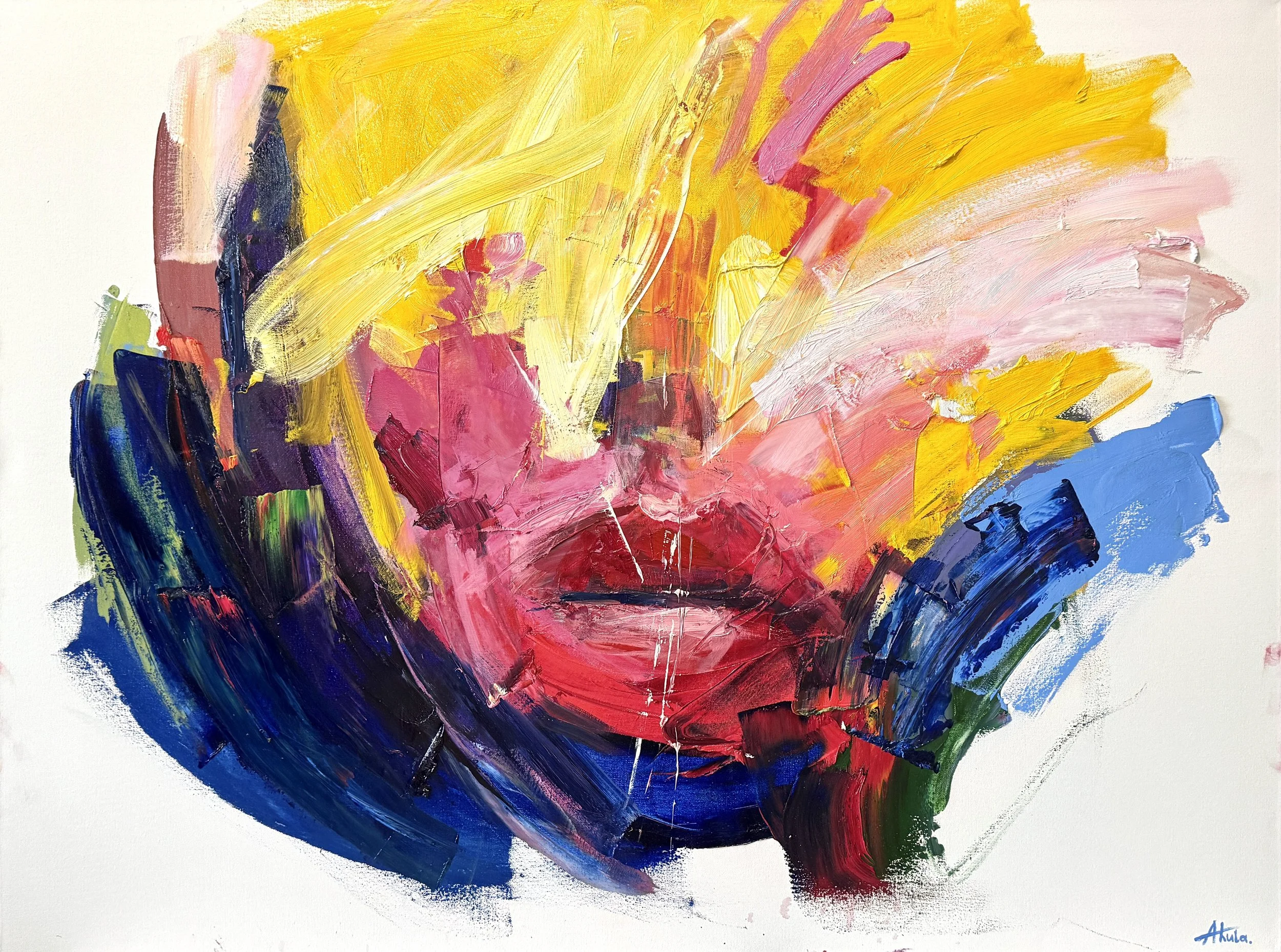 Vibrant abstract painting with layered yellow, pink, red, orange, blue, and purple brushstrokes on a white background