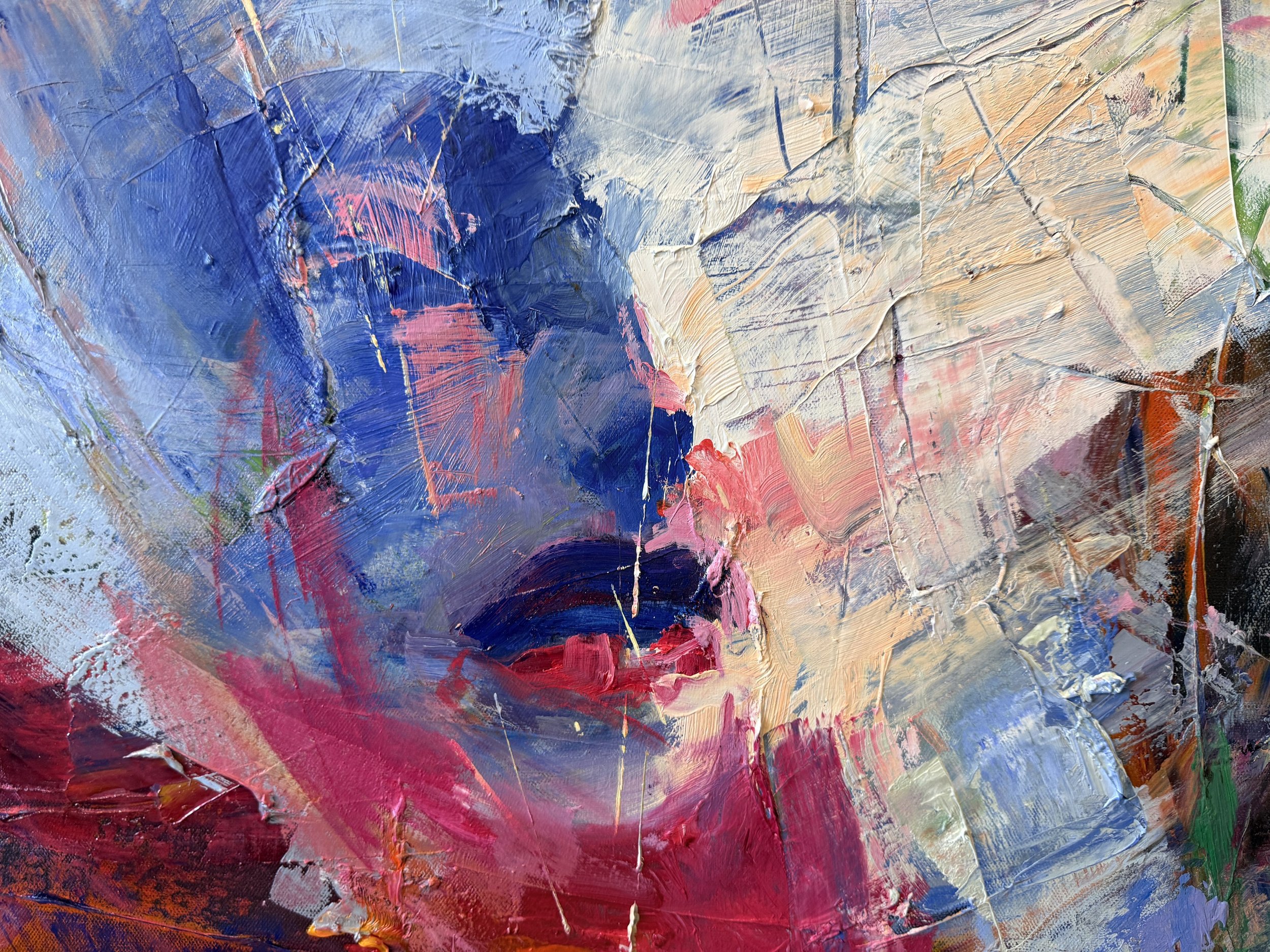 Abstract oil painting with thick, textured brushstrokes in blue, pink, red, cream, orange, and green.