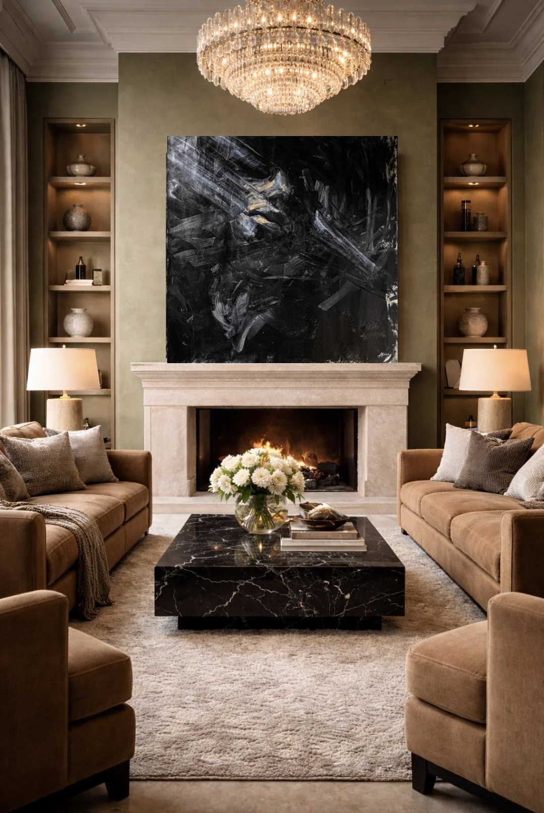 Elegant living room with a fireplace, black abstract artwork, crystal chandelier, velvet sofas, built-in shelves, and marble coffee table