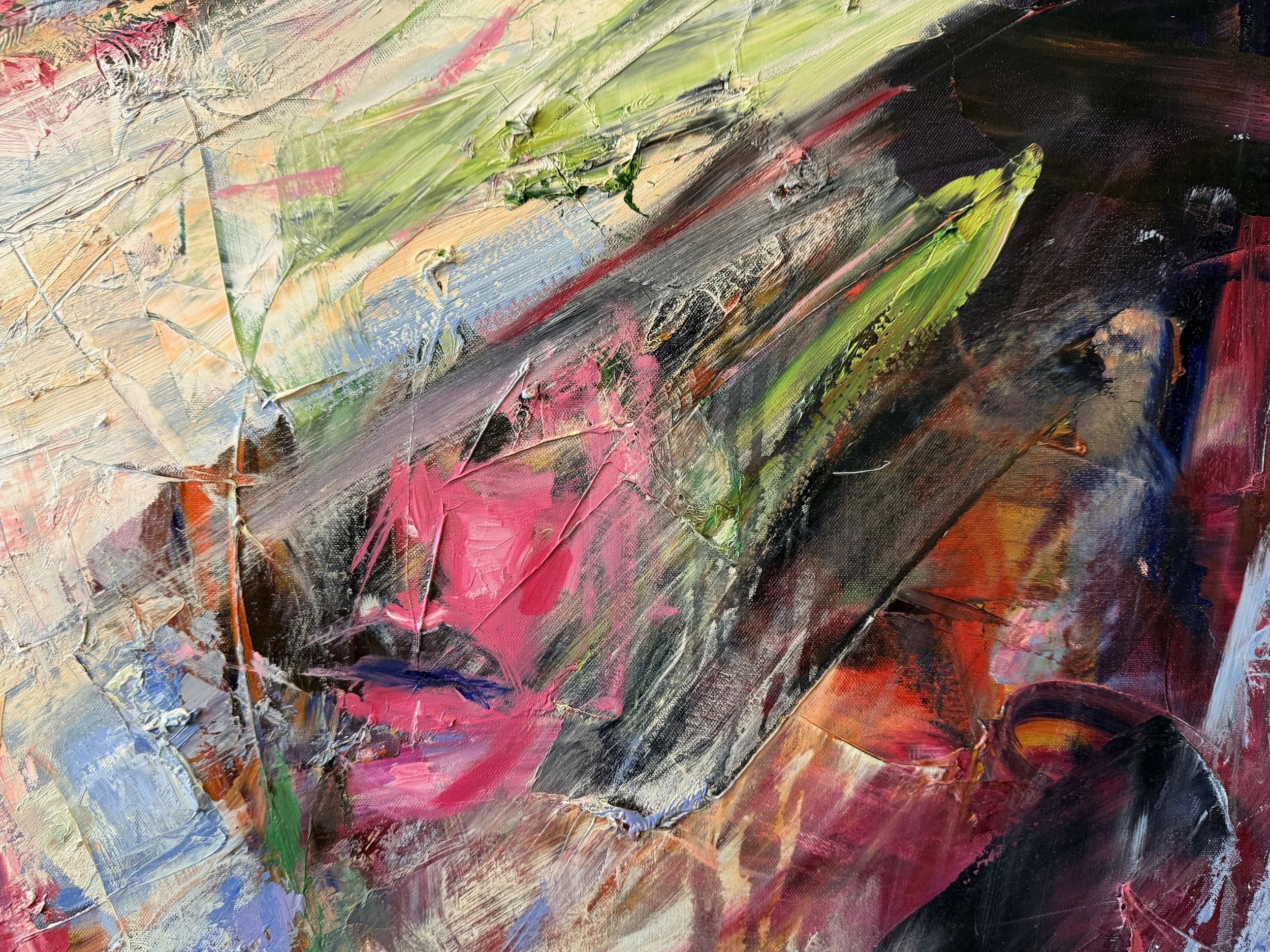 Close-up of a vibrant abstract painting with thick, textured brushstrokes in pink, green, black, blue, orange, and beige.