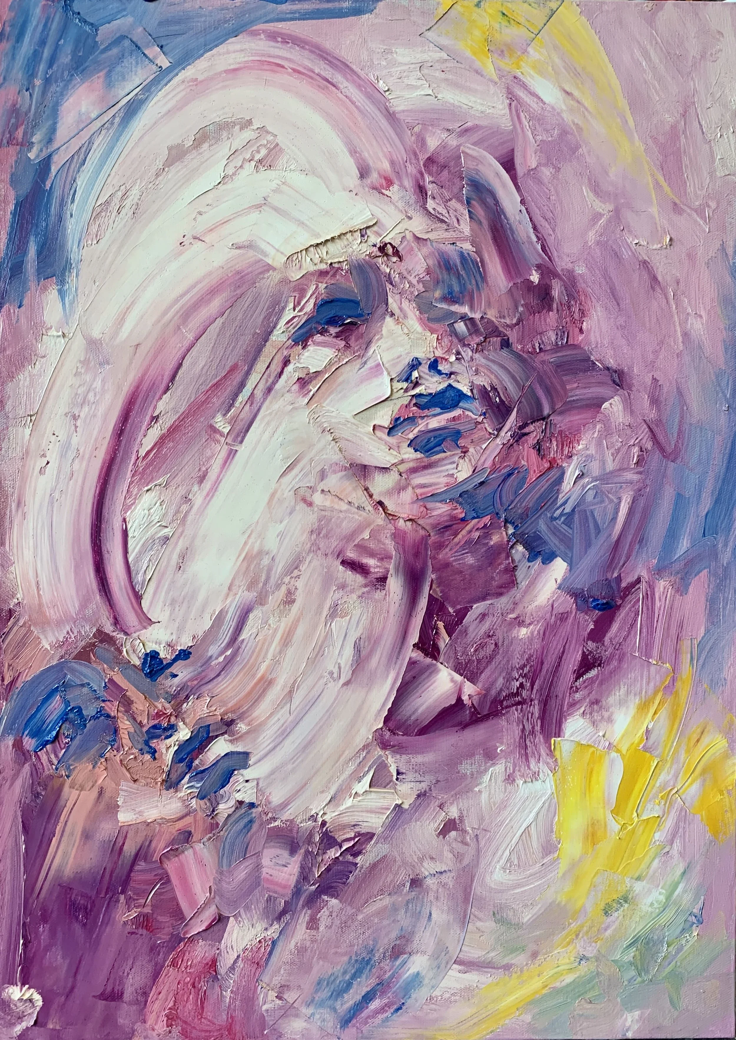 Abstract impasto painting with layered pink, lavender, cream, blue, and yellow brushstrokes