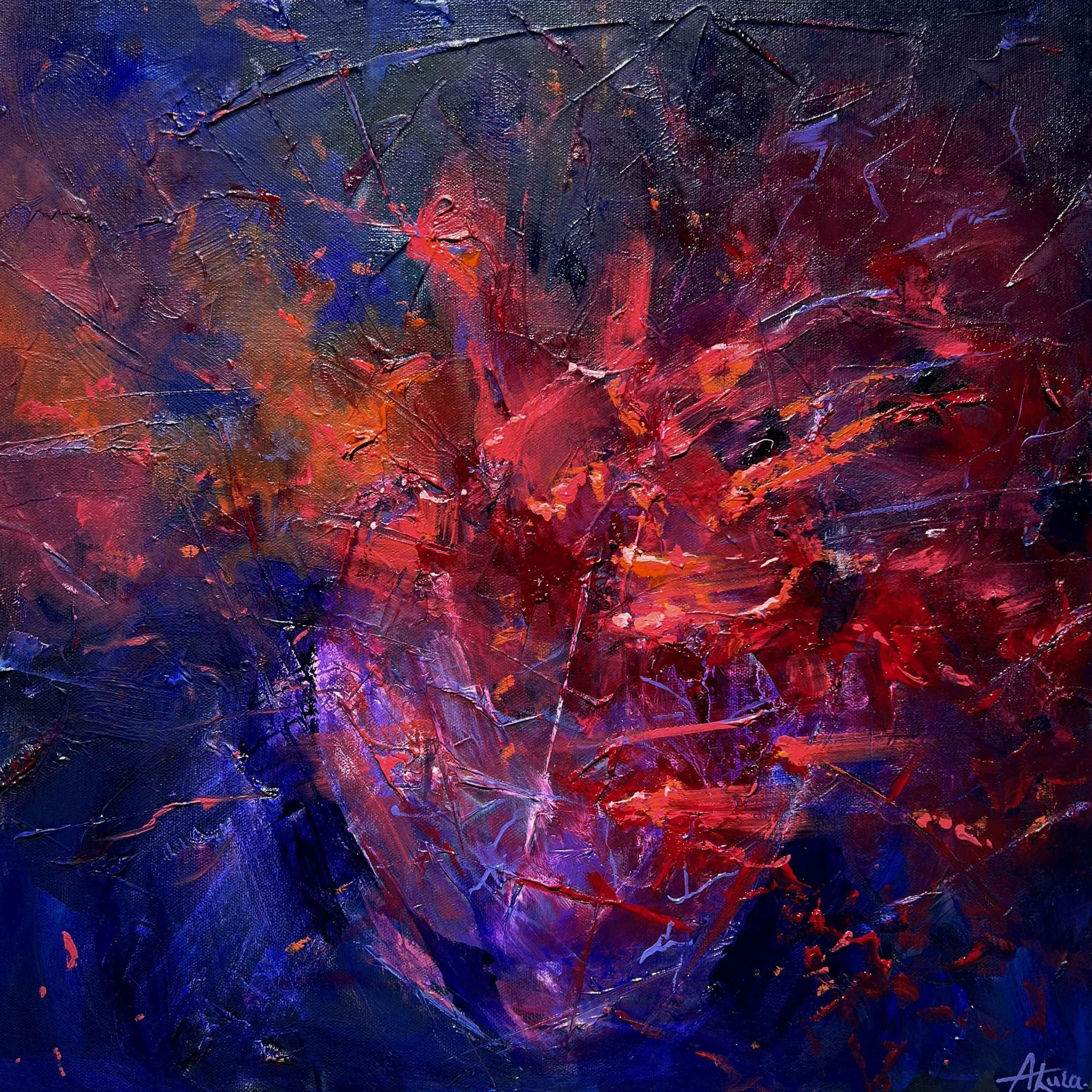 Burning Heart (2024), original abstract oil painting by contemporary artist Taia Akulova, featuring intense red, burgundy, purple, and blue textured brushstrokes. Part of the Escape / Burning Heart diptych.