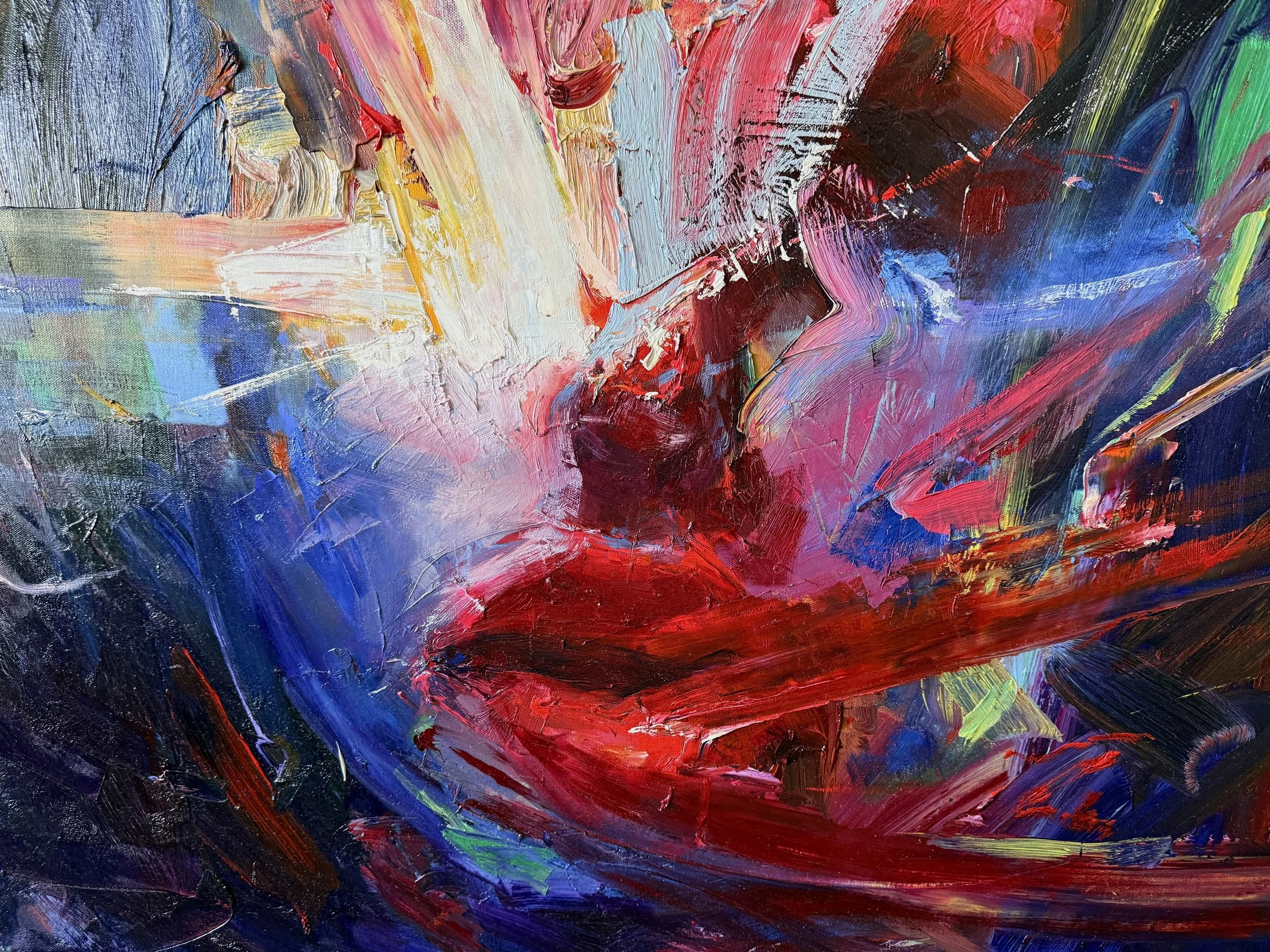 Explosion, an original abstract expressionist oil painting by contemporary artist Taia Akulova, featuring bold, energetic brushstrokes, layered textures, and vivid colors.