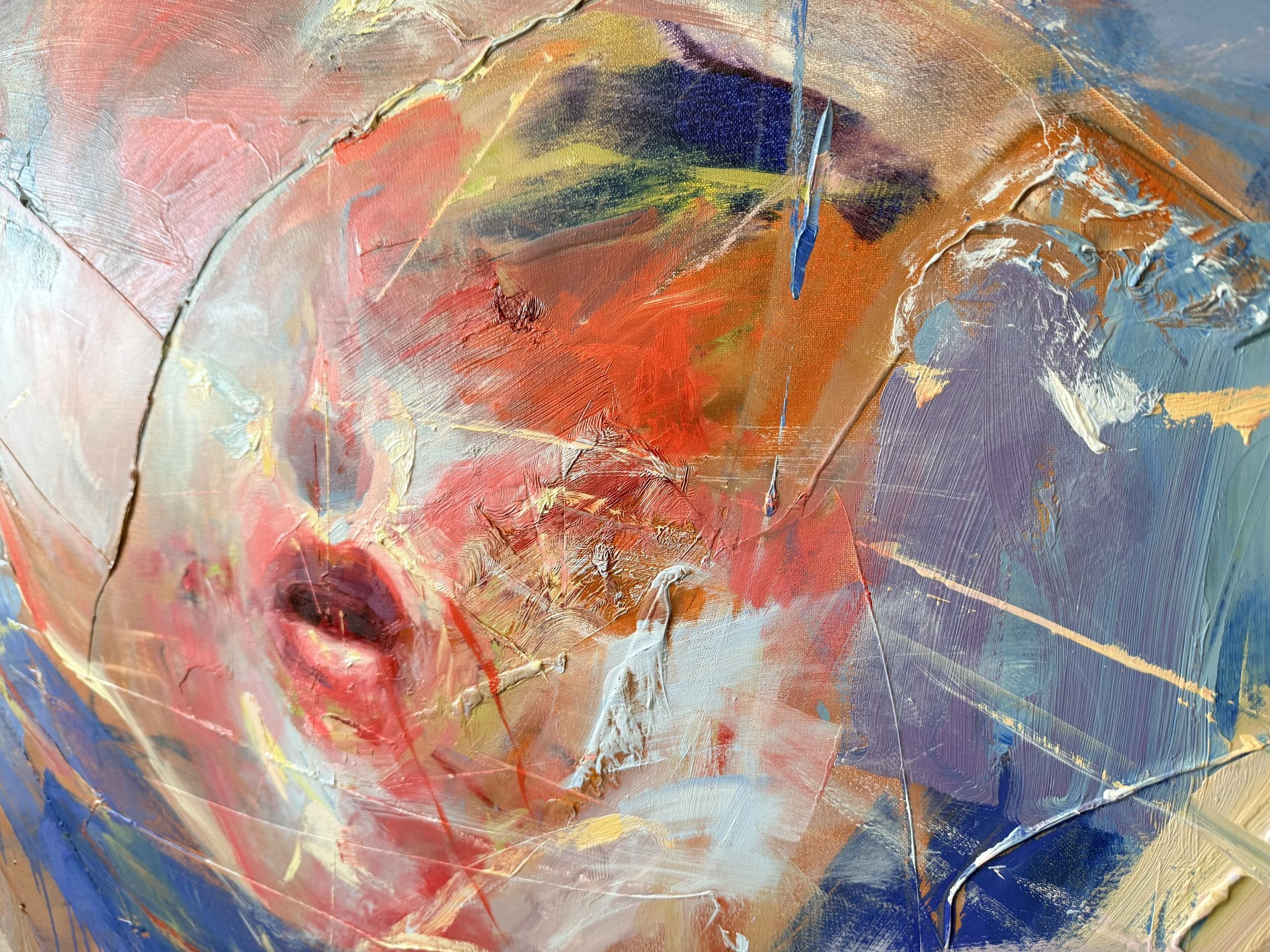 Abstract multicolored impasto painting with thick textured brushstrokes in red, orange, blue, purple, pink, and gold