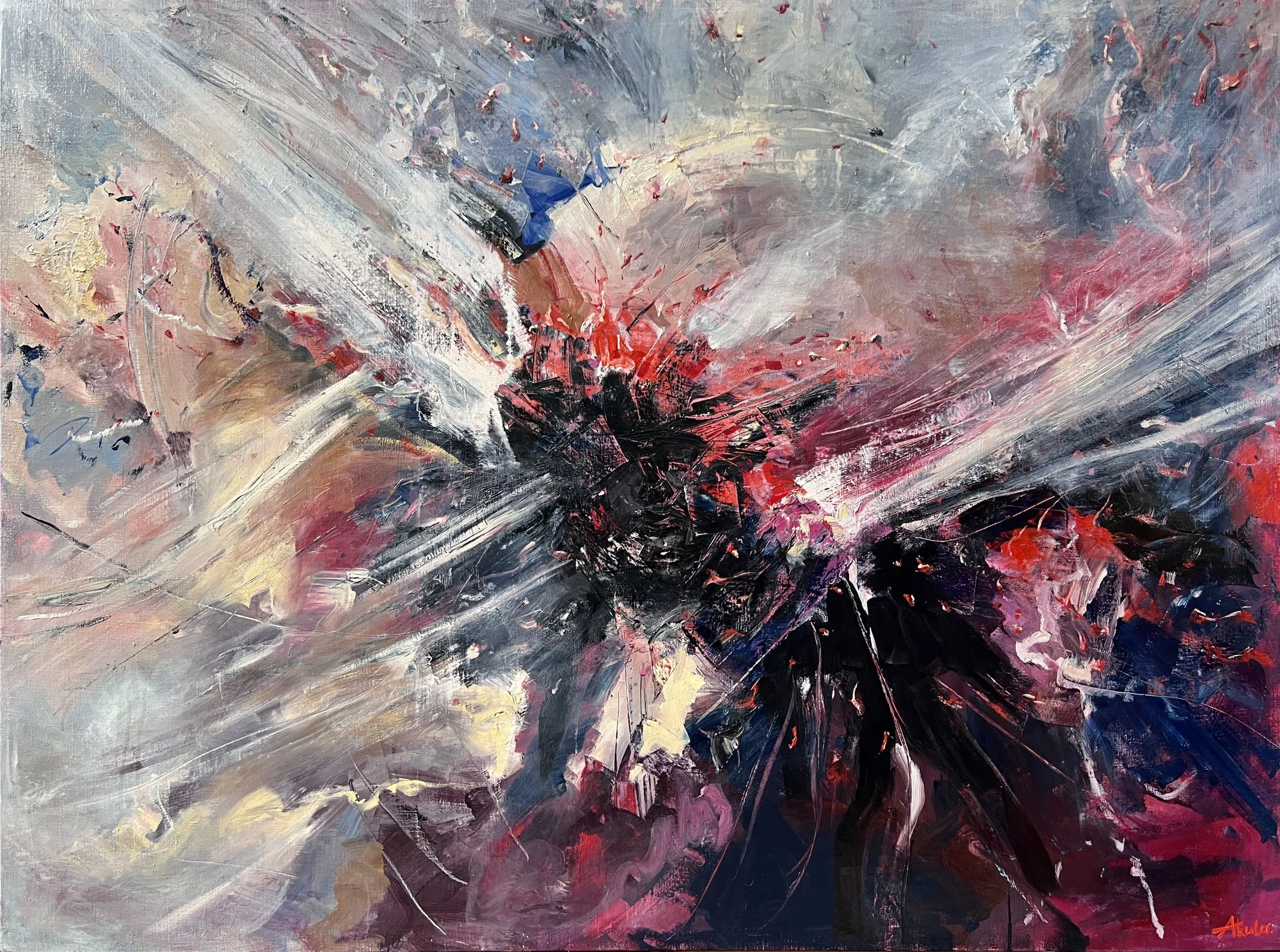 Abstract expressionist painting with sweeping gray, white, red, pink, and black brushstrokes