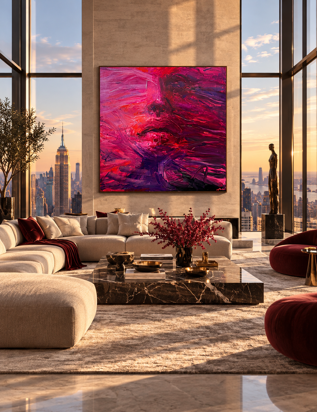 Luxury high-rise living room with abstract red artwork, cream sectional sofa, marble coffee table, floor-to-ceiling windows, and Empire State Building views at sunset