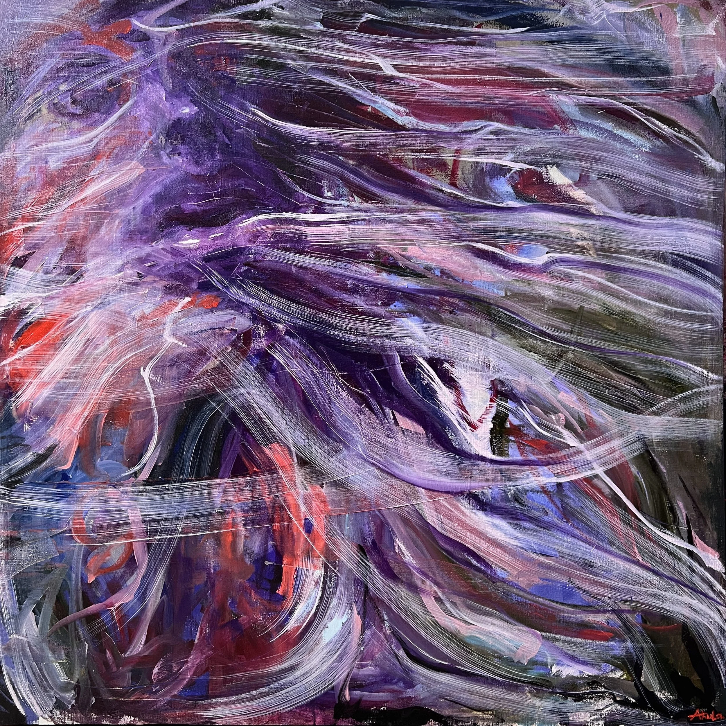 Abstract expressionist painting with sweeping purple, lavender, black, white, red, and blue brushstrokes
