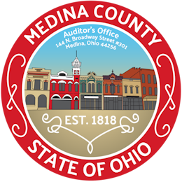 Medina County State of Ohio seal featuring a cityscape illustration and the text 'Medina County State of Ohio' and 'Est. 1818'.