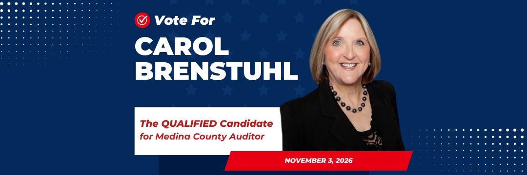 Campaign sign Carol Brenstuhl, smiling with shoulder-length blonde hair wearing a black blazer, necklace, and black top, promoting Carol Brenstuhl for Medina County Auditor, with election date November 3, 2026.