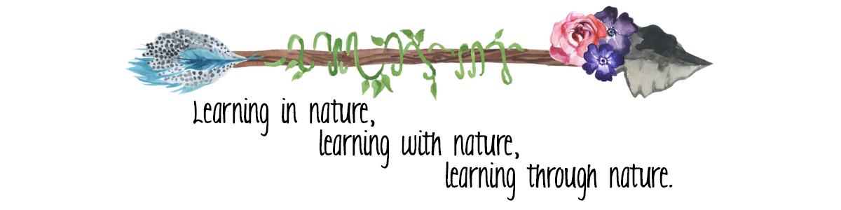 Watercolor illustration of an arrow with flowers and leaves, and the words "Learning in nature, learning with nature, learning through nature."