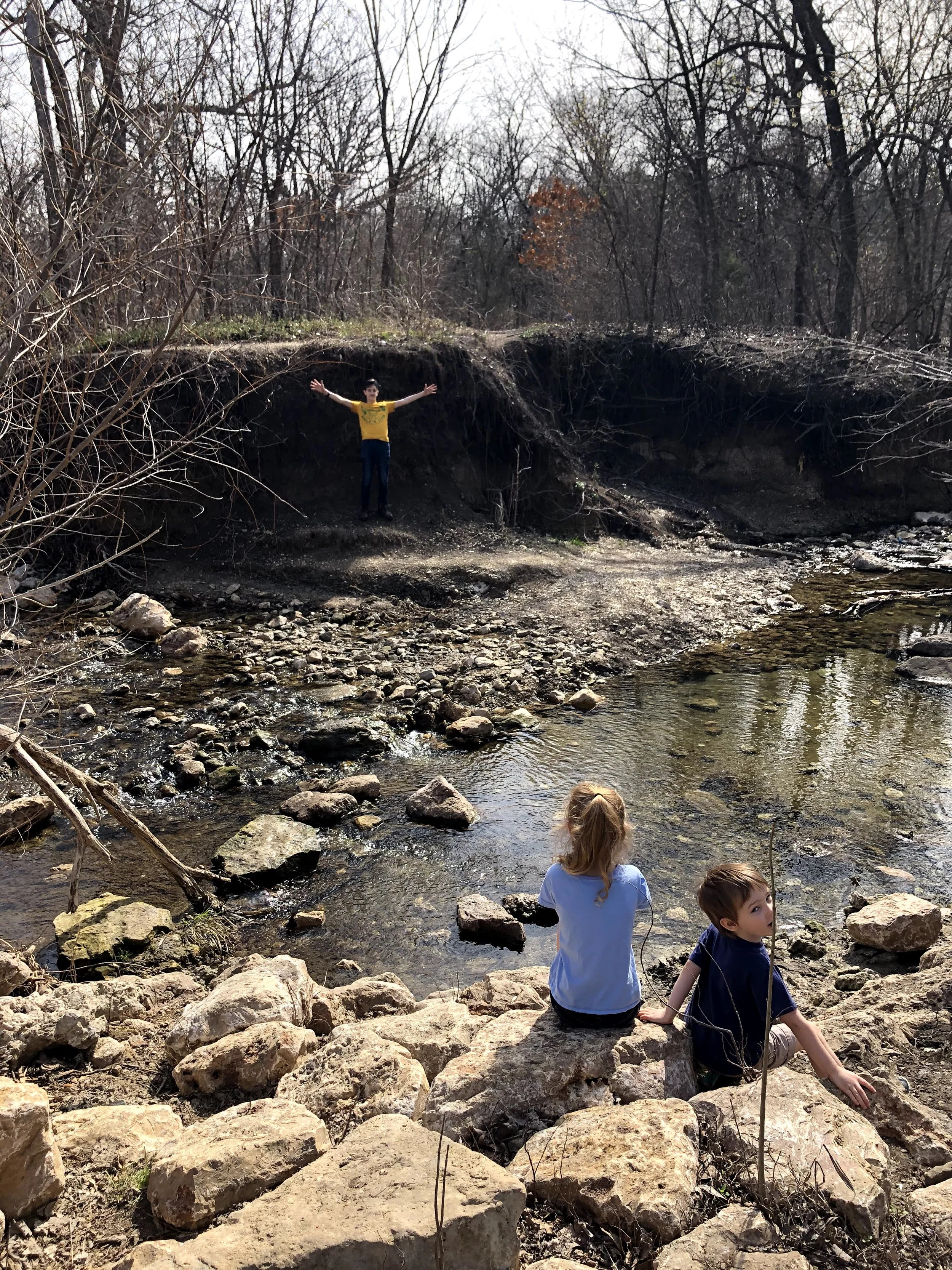 Three children sitting on rocks by a creek in a wooded area, with one person standing with arms raised in the background.