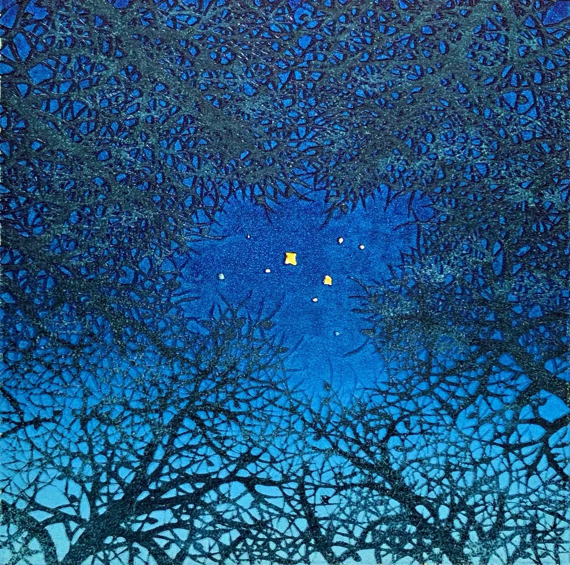 Tree Scene 126 by Hajime Namiki: a dense canopy of dark interwoven branches around a vivid blue opening with small pale stars and two yellow accents.