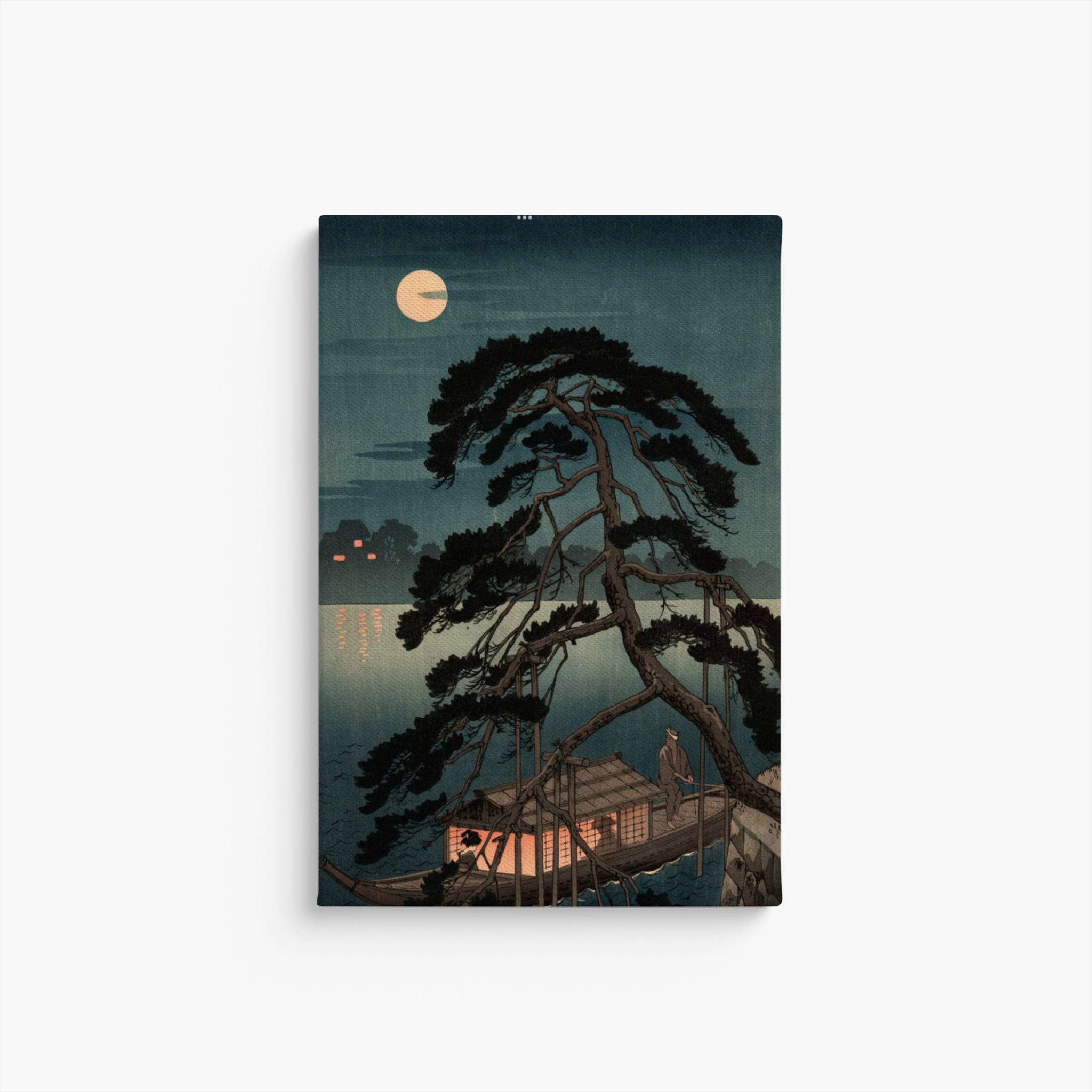 Front view of Moonlit Pine and Pleasure Boat by Shoda Koho reproduced on a portrait canvas, shown against a white background.