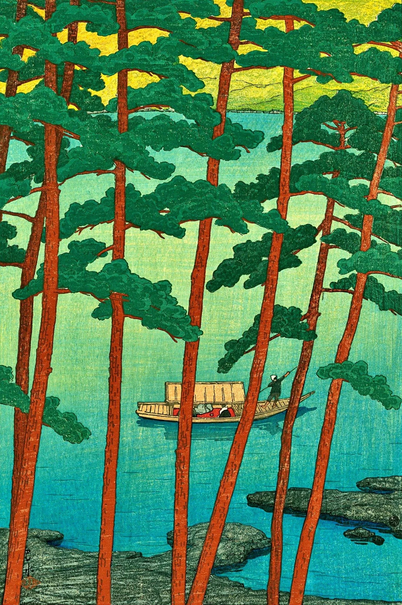 Winter in Arashi Gorge by Kawase Hasui: Rust-red pine trunks and dense green boughs frame turquoise river water, flat grey rocks and a small covered passenger boat.