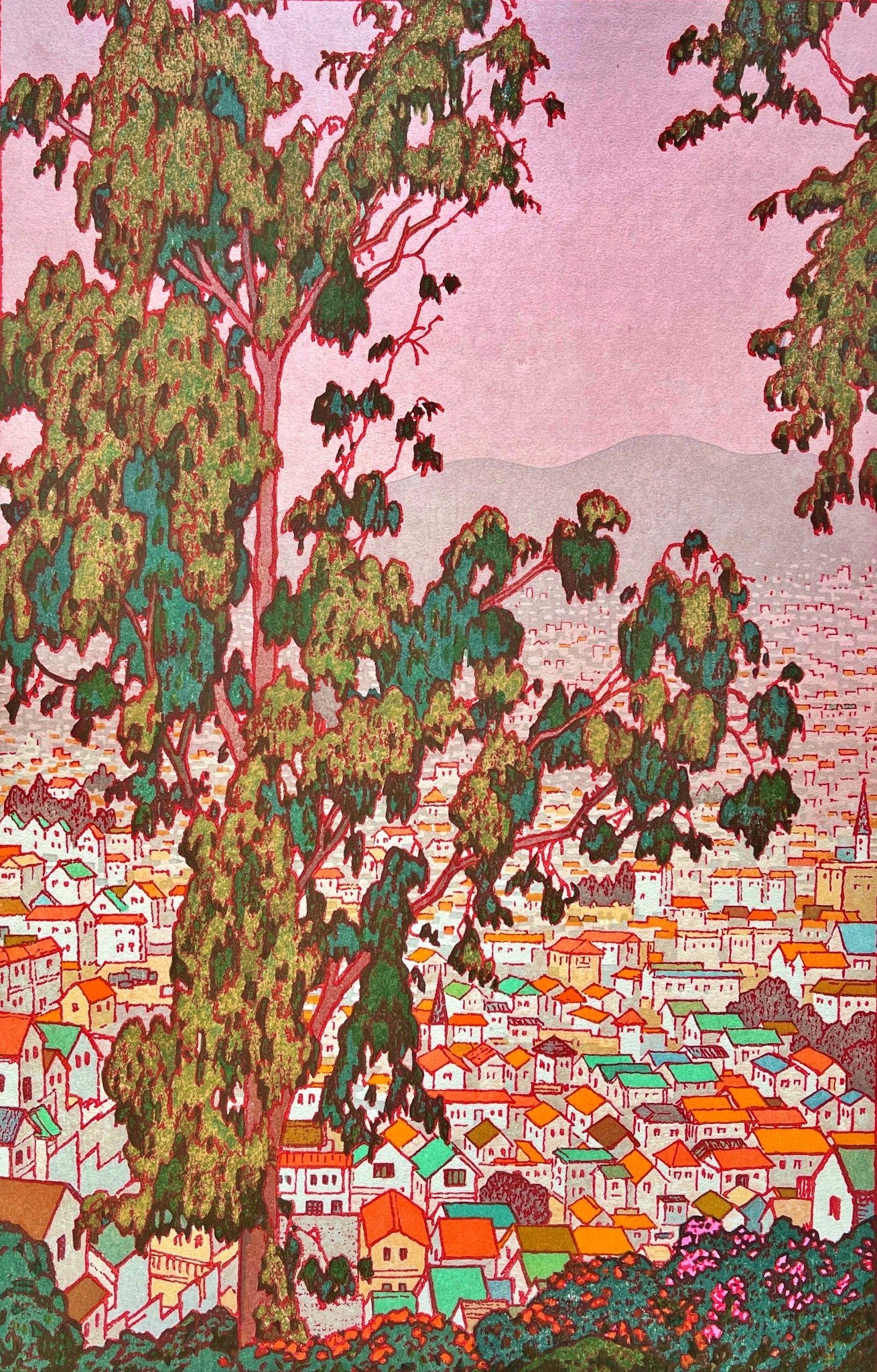 San Francisco by Toshi Yoshida: Tall leafy trees frame San Francisco houses with red and green roofs beneath a pink sky in Toshi Yoshida’s design.