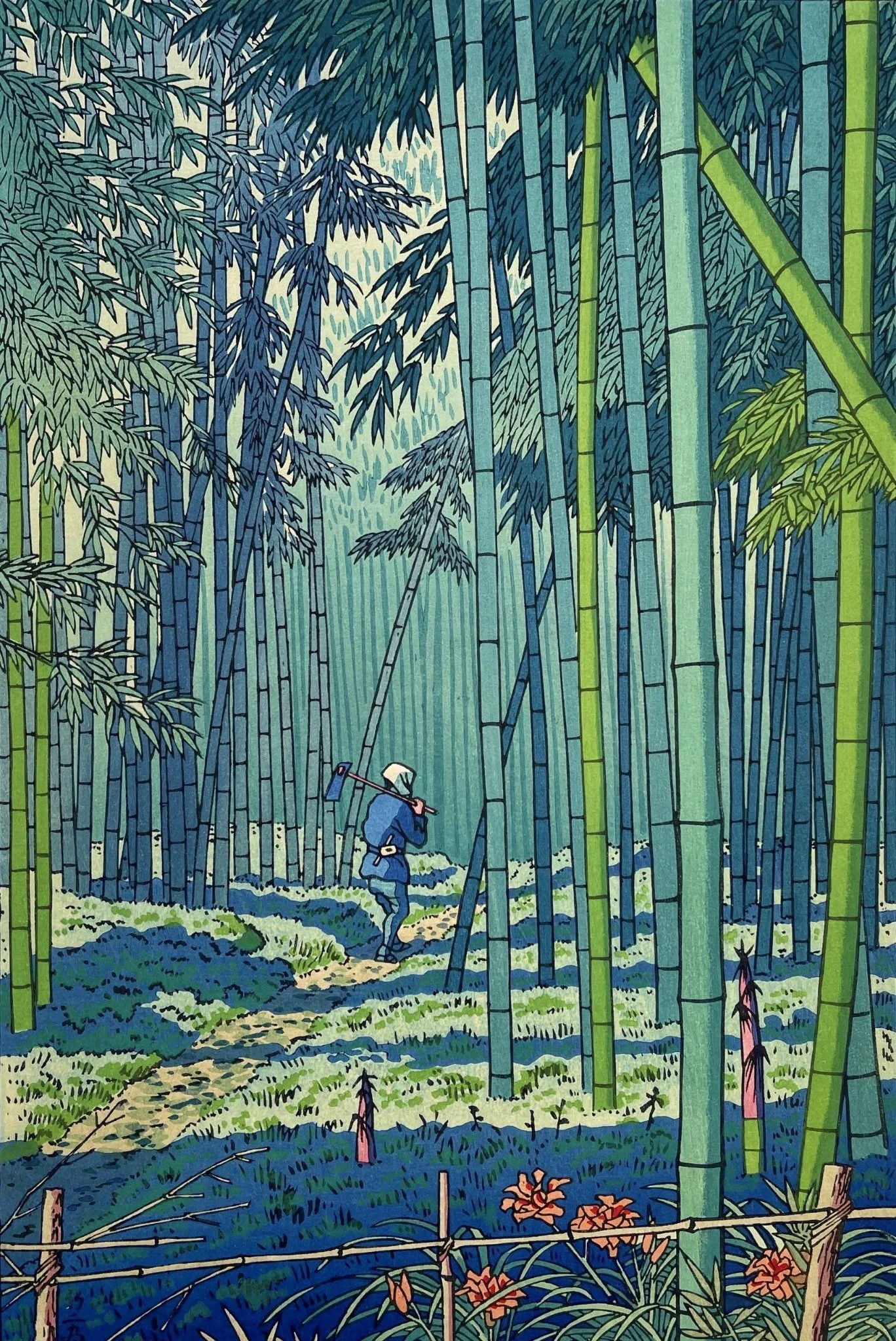 Bamboo Grove of Saga by Takeji Asano: A worker follows a winding path through tall blue and green bamboo, with orange flowers in the foreground, by Takeji Asano.