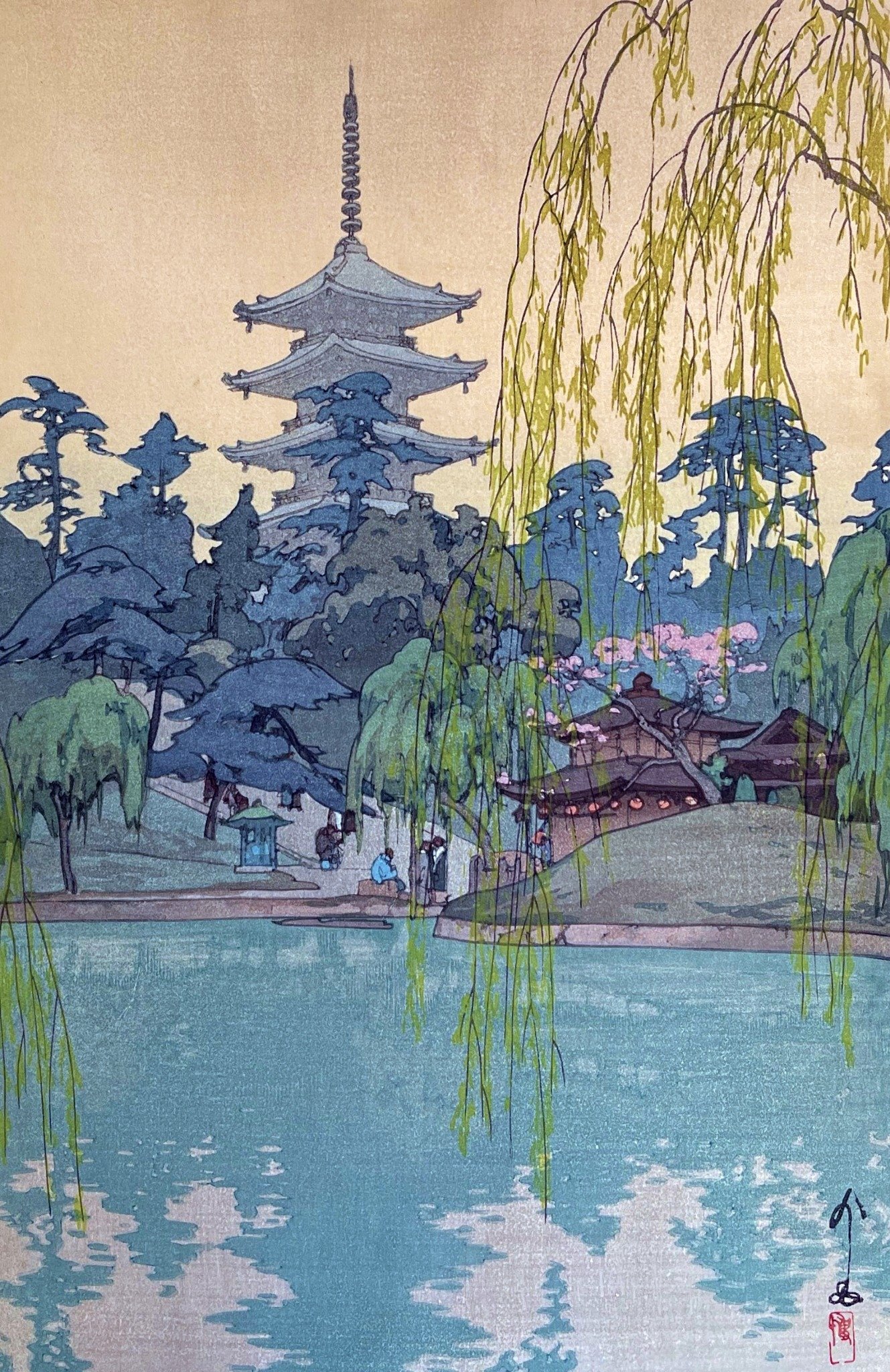 Sarusawa Pond by Hiroshi Yoshida: Willow branches frame blue Sarusawa Pond, a pagoda, spring blossoms and small figures in Hiroshi Yoshida’s Nara landscape.