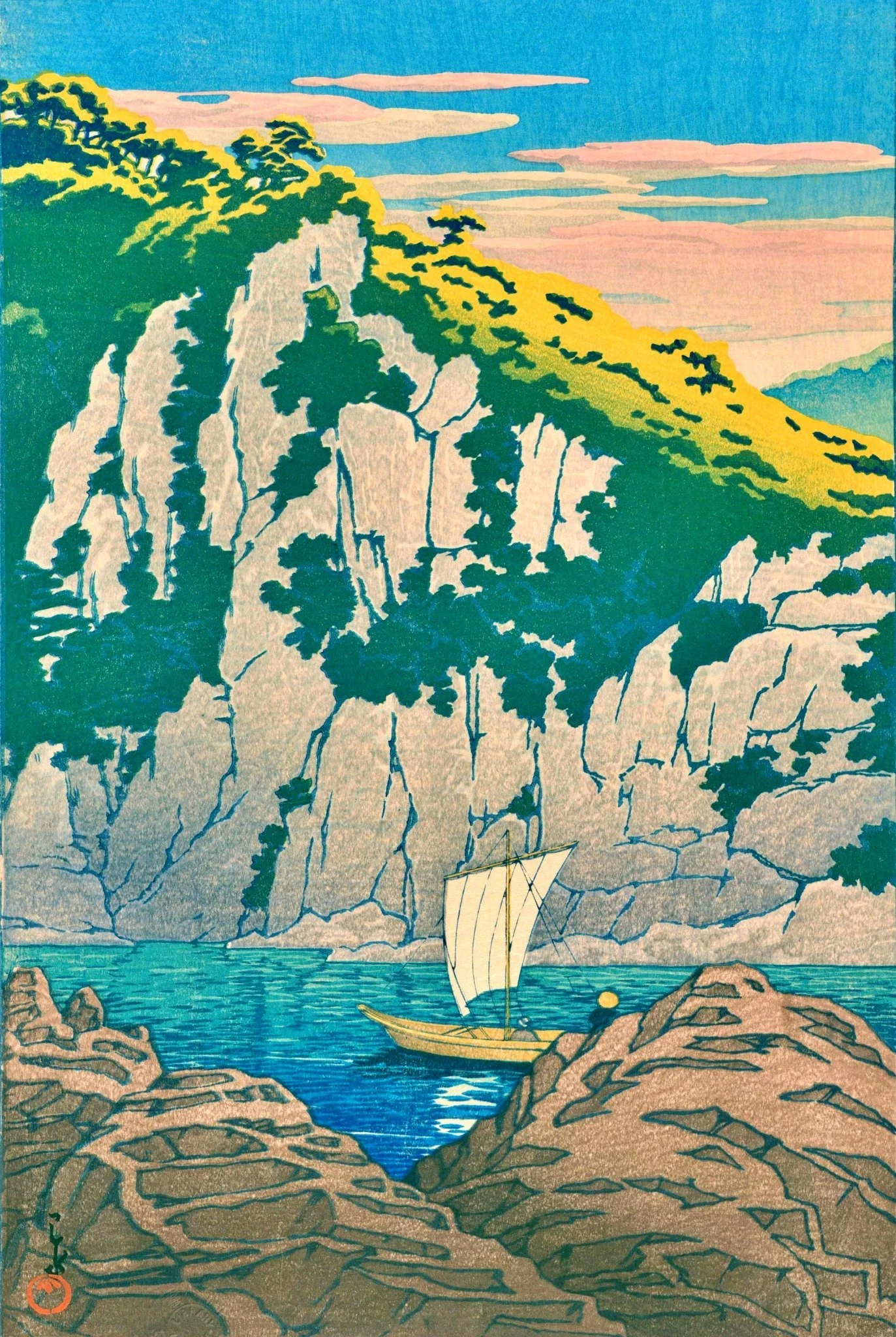 Hōrai Rock, Kiso River by Kawase Hasui: Pale cliffs rise above turquoise water and a small white-sailed boat beneath a blue sky with pink clouds.