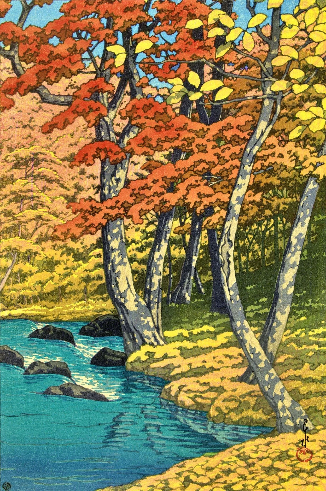 Autumn at Oirase by Kawase Hasui: Orange and yellow autumn leaves surround pale tree trunks beside a turquoise stream and dark rocks.