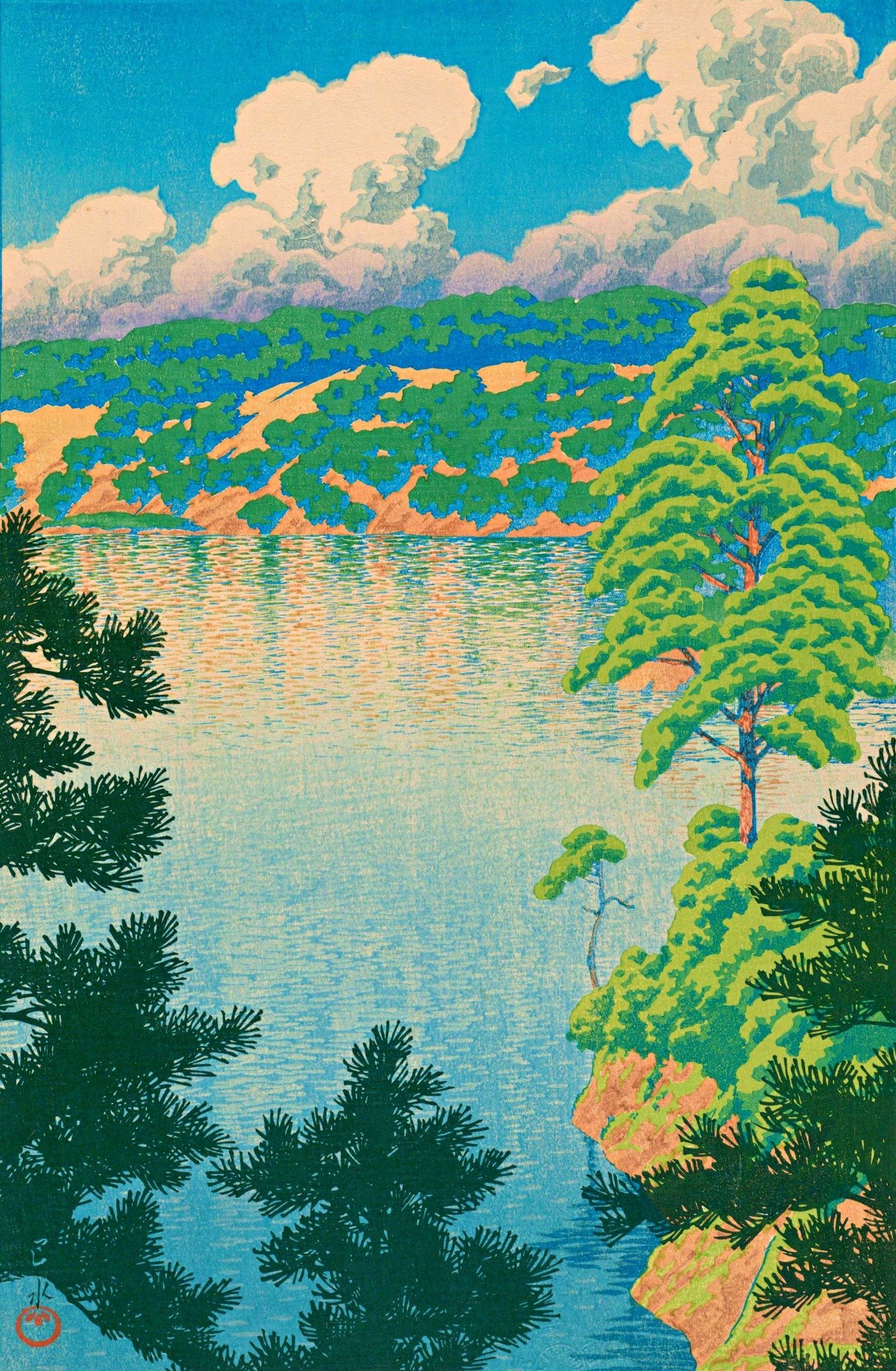 Karasu Marsh, Akita by Kawase Hasui: Dark pine branches frame a calm blue lake, a tall pine on a warm-coloured cliff and billowing clouds.