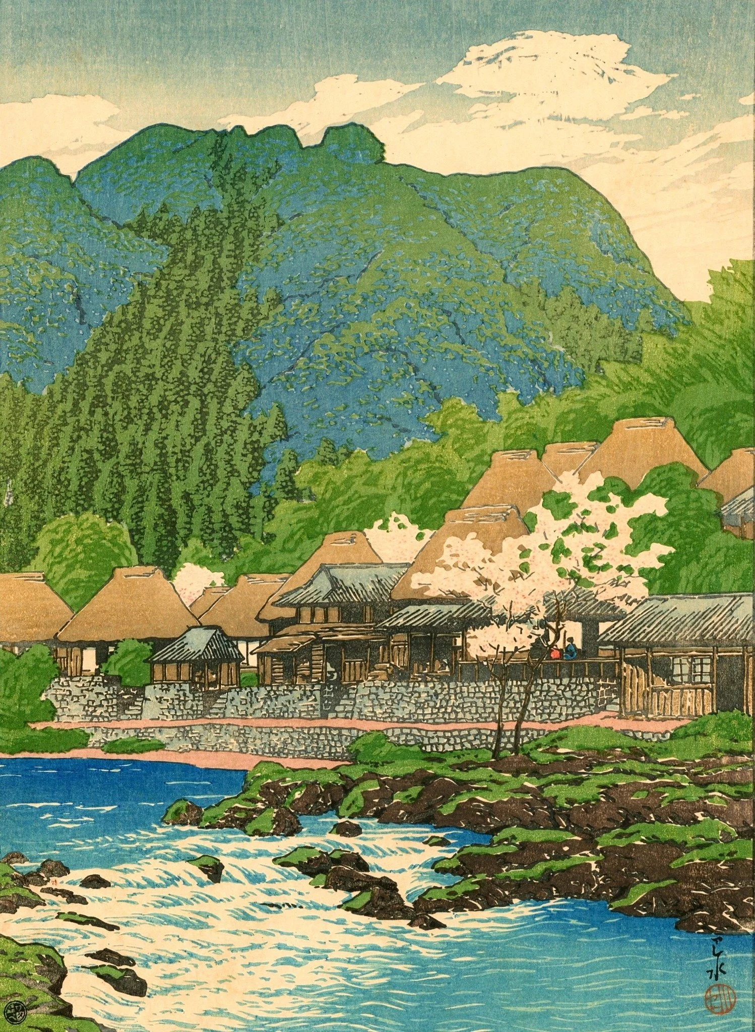 Anraku Hot Springs, Ōsumi by Kawase Hasui: Traditional wooden buildings and flowering trees stand beside a blue rocky stream below green mountains.