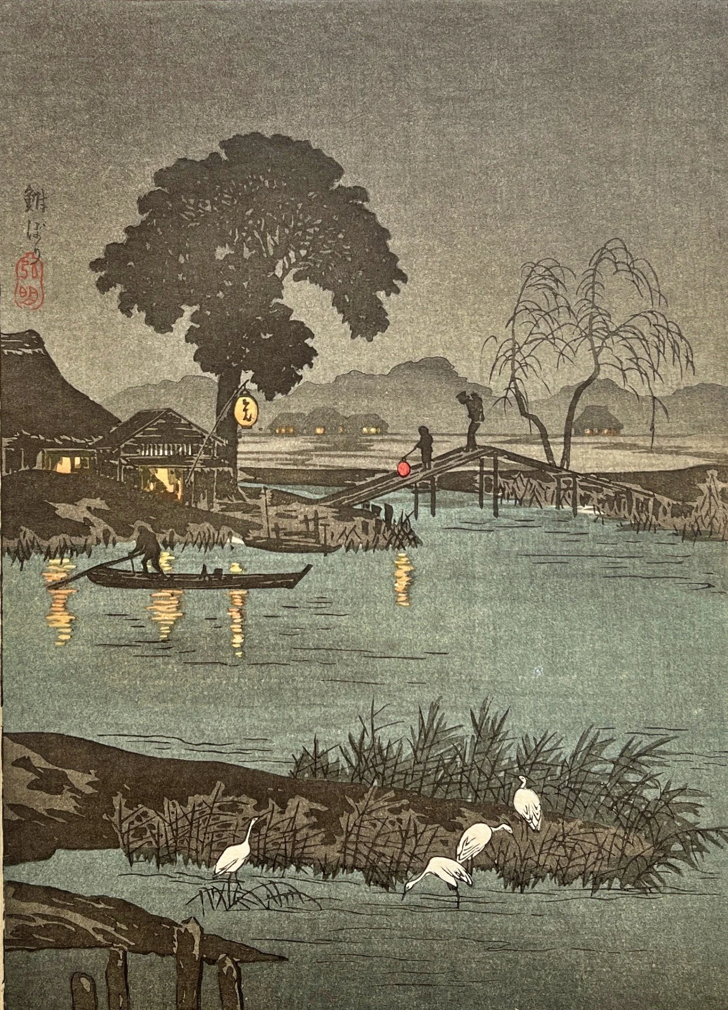 Night at Funabori by Takahashi Shotei, with white herons, a riverboat, a wooden footbridge and glowing lanterns at night.