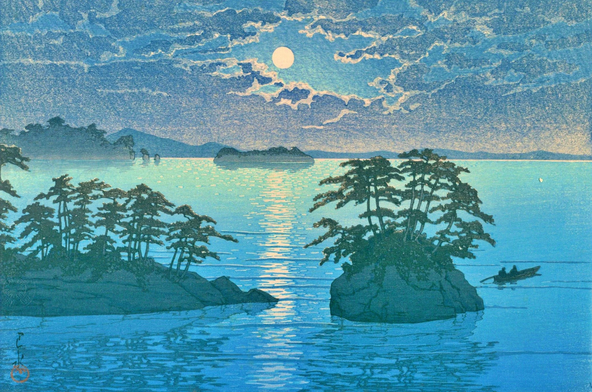 Matsushima, Futagojima by Kawase Hasui: a full moon within clouds, a bright reflection across blue water, two pine-covered rocky islands in the foreground, and a narrow boat with two figures at right.