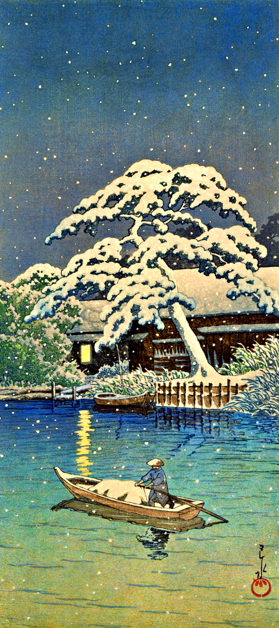 Snow at Funabori by Kawase Hasui: a blue-clad figure rows a small boat beneath falling snow, with a leaning snow-laden pine, a dark waterside building and a yellow light reflected in blue-green water.
