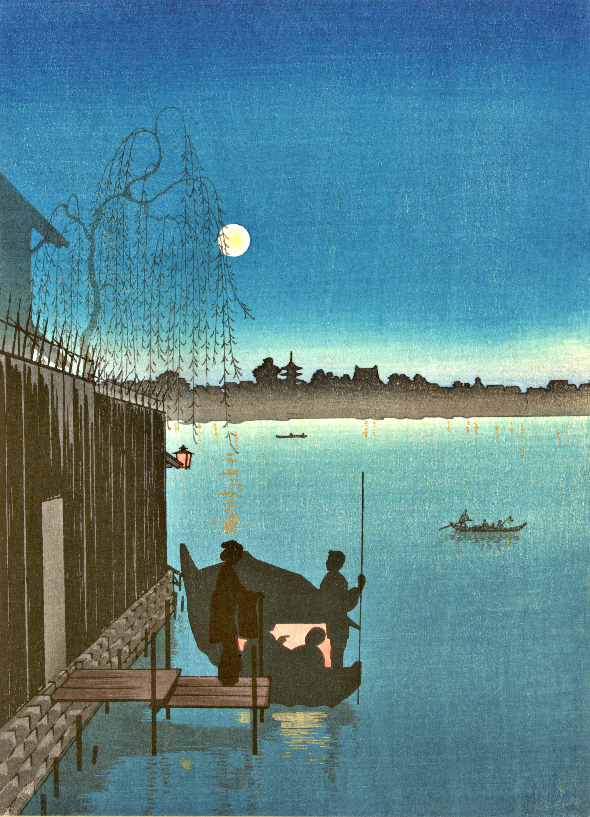 Evening Cool at Sumida by Eijirō Kobayashi: a pale moon beside trailing willow branches, a dark riverside building and landing, figures beside a warmly lit covered boat, and smaller boats on blue wate