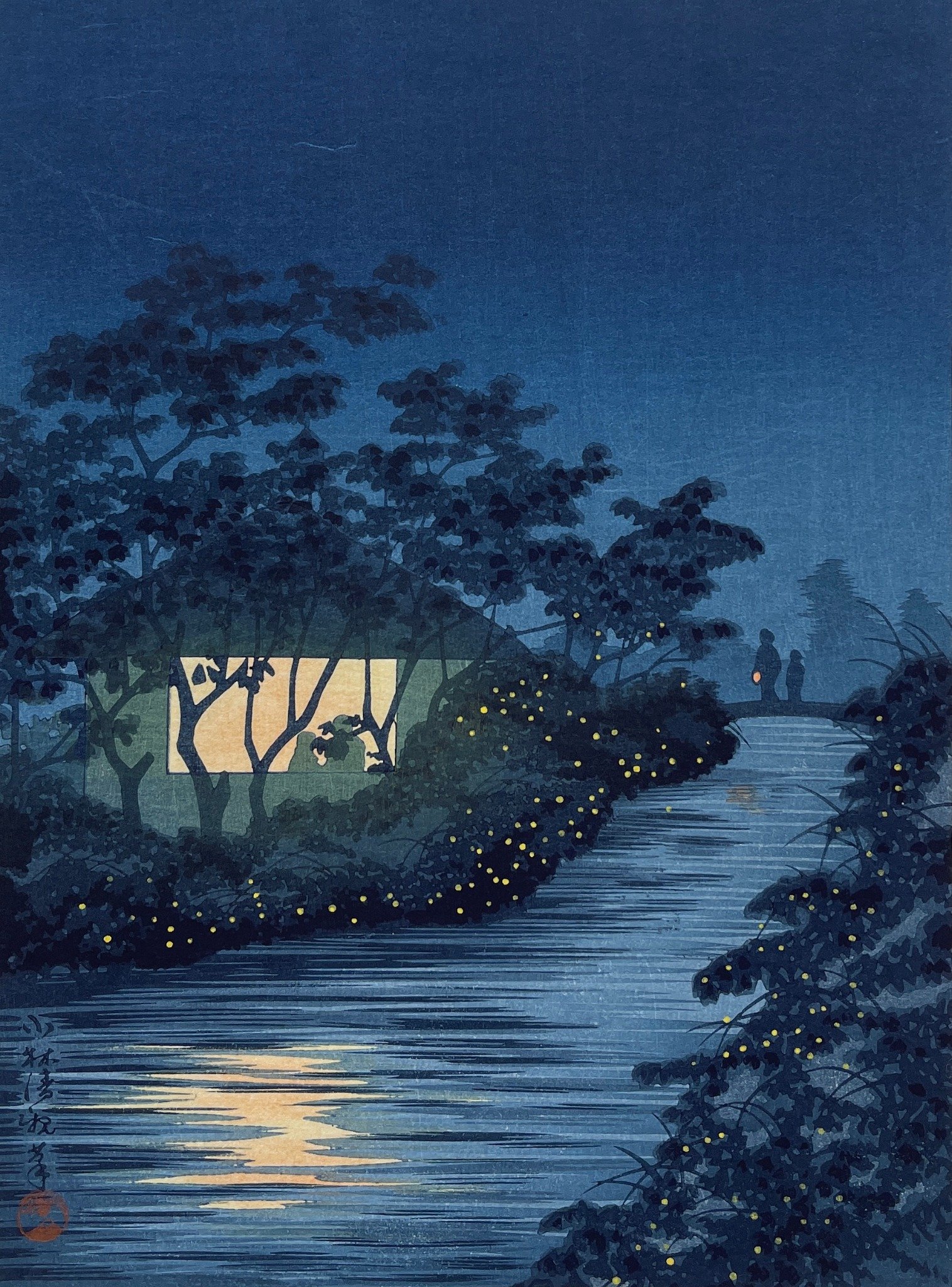 Canvas reprint of Fireflies and Lighted House, a later adaptation after Kobayashi Kiyochika