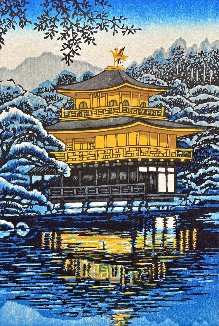 Kinkaku-ji Temple in Late Winter by Fu Takenaka, with the golden pavilion, snow-covered trees and blue-and-gold reflections in a pond.