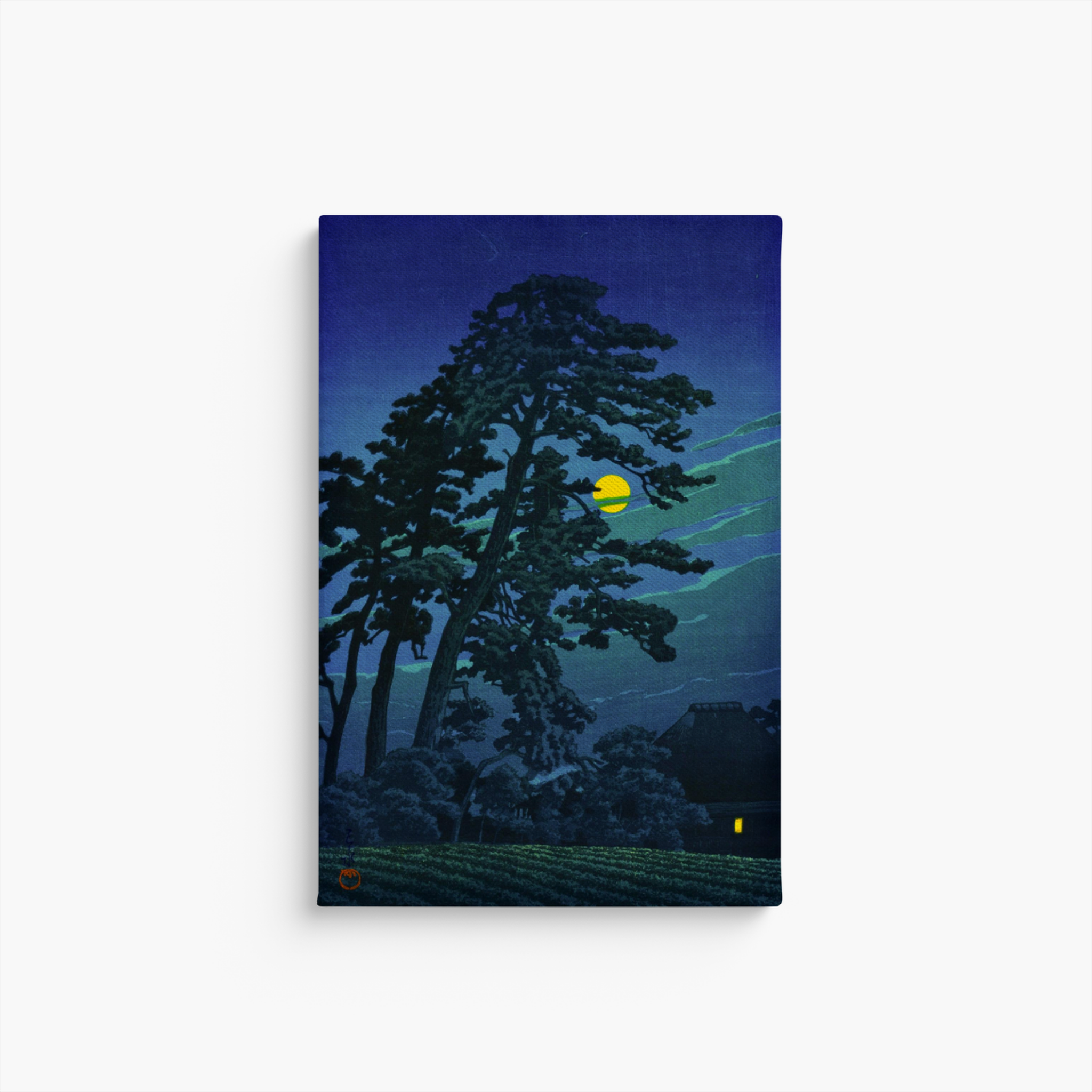 Front view of Full Moon at Magome by Kawase Hasui reproduced on a portrait canvas, shown against a white background.