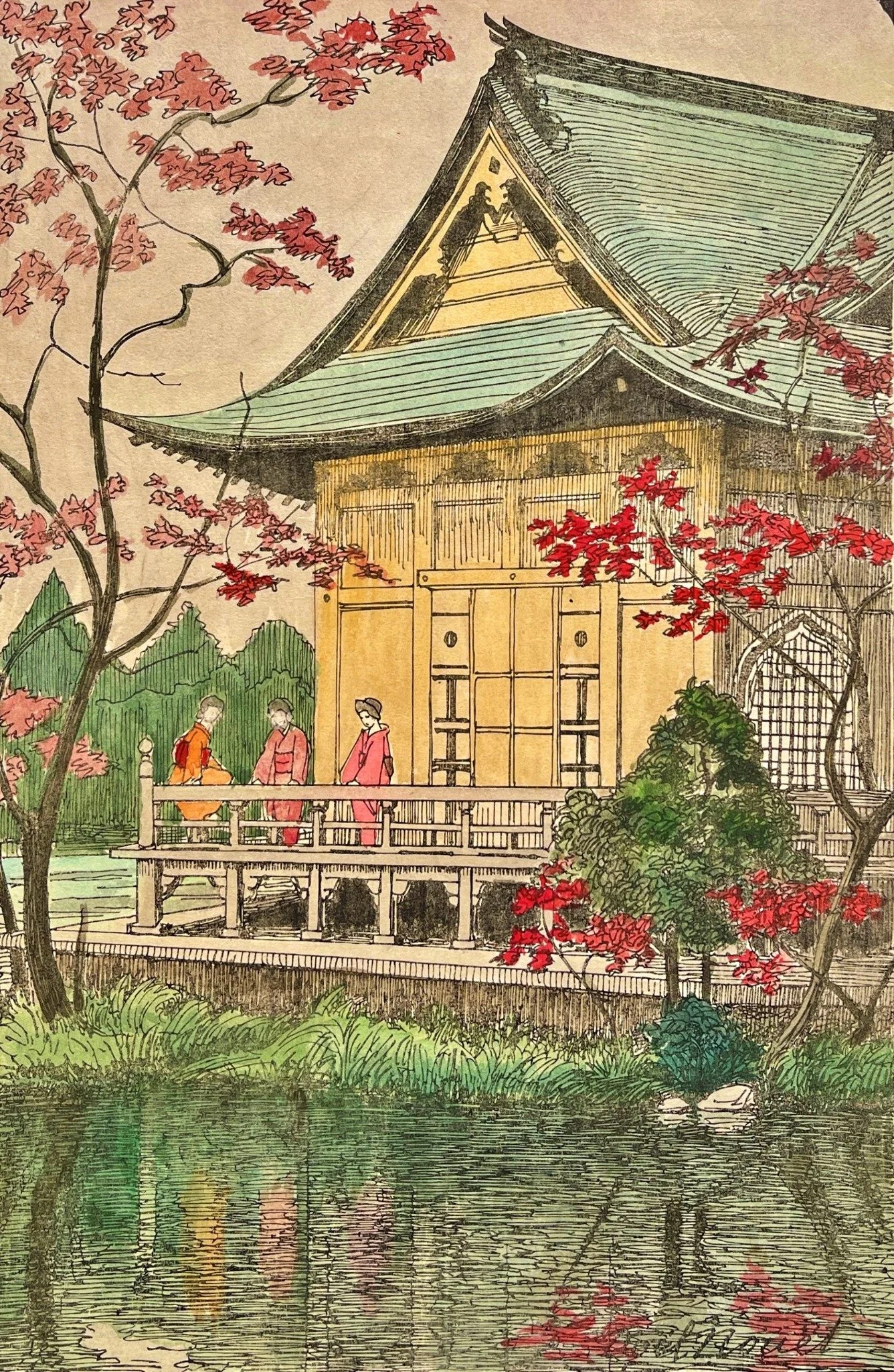 Tokyo Inokashira by Noel Nouet, showing a temple with a green roof, red autumn foliage, visitors and reflections in a pond.