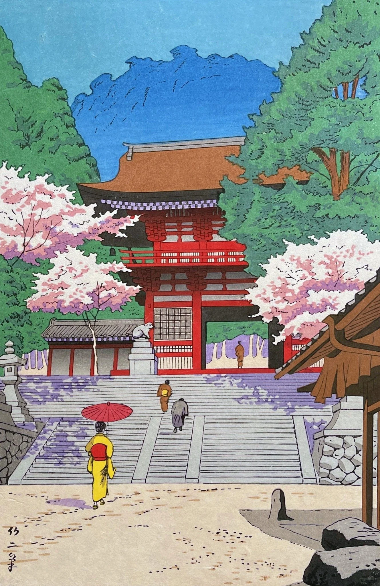 Spring in Kurama Temple by Asano Takeji: pink cherry blossoms frame a red temple gate, with visitors on stone steps and a yellow-clad figure holding a red parasol.