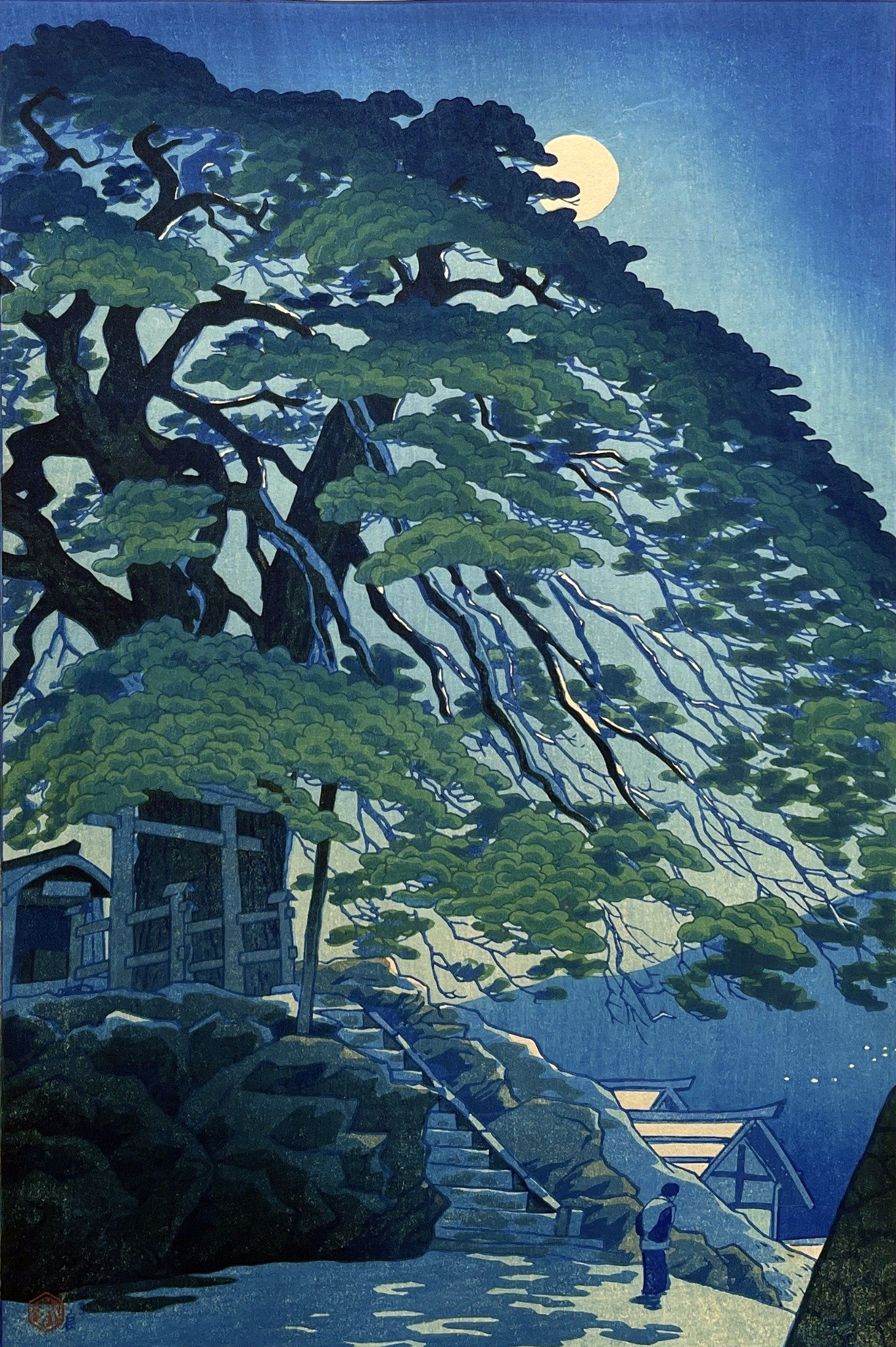 Canvas reprint of Pine Trees at Yudanaka Hot Spring, Shinshu, the 1950 woodblock artwork by Shiro Kasamatsu
