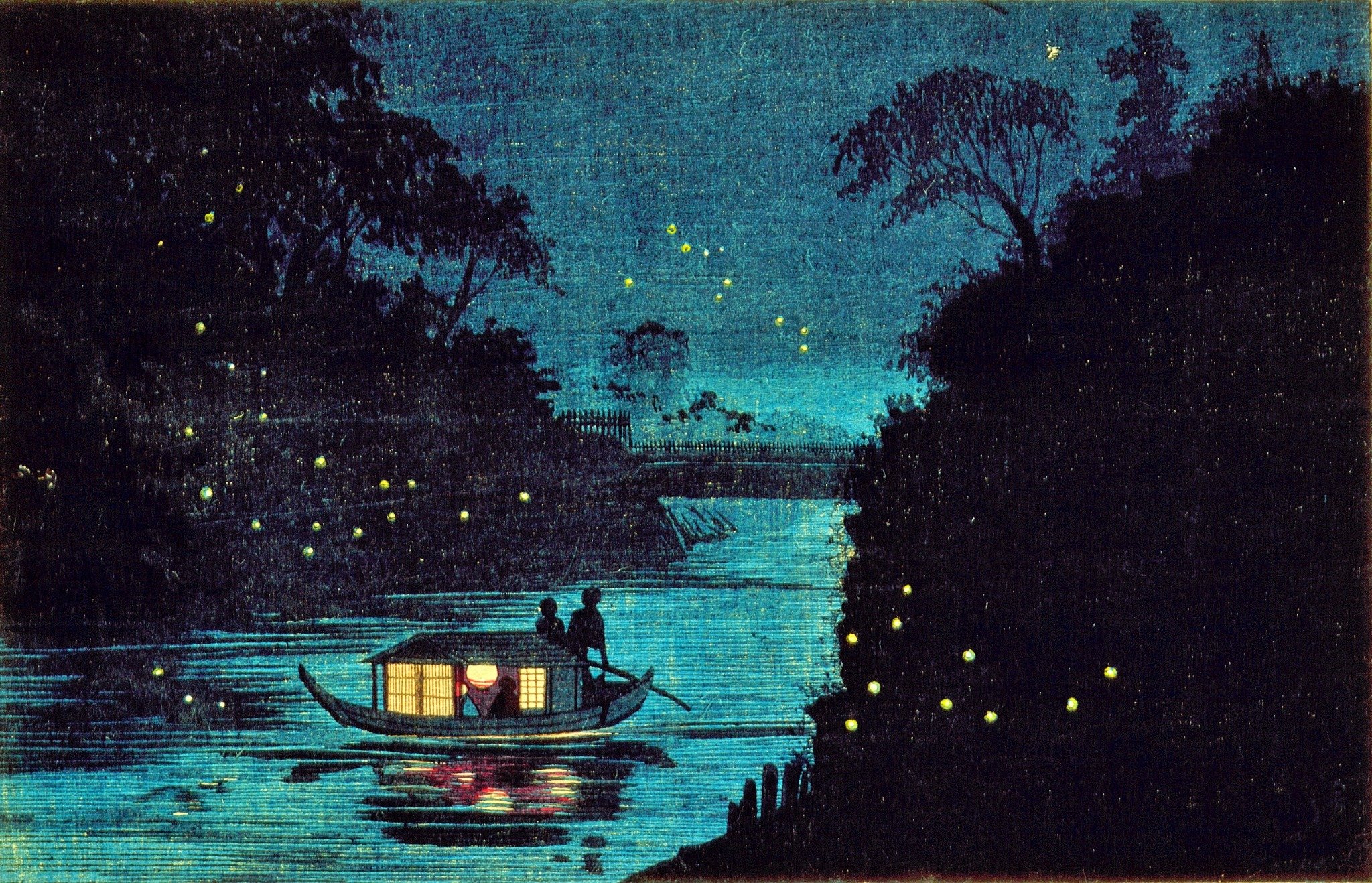 Fireflies at Ochanomizu by Kobayashi Kiyochika, with glowing fireflies, dark riverbanks and a lantern-lit boat on blue water at night.