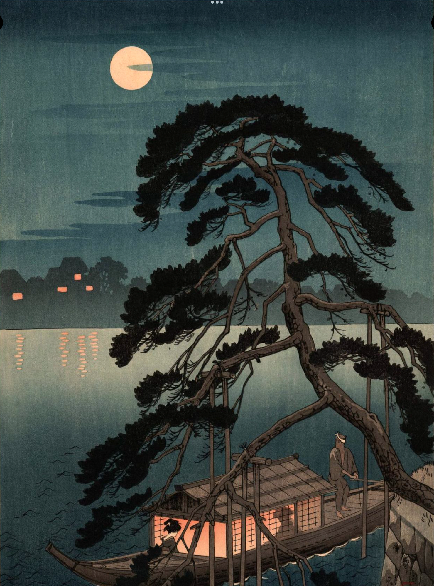 Moonlit Pine and Pleasure Boat by Shoda Koho: a large pine above an illuminated covered boat, figures on board, a full moon and distant lights across the water.