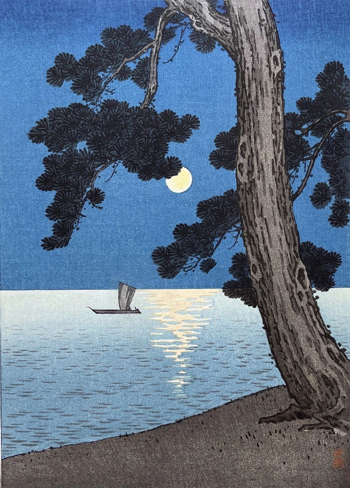 Pine Beach by Arai Yoshimune: a large pine frames a full moon, a small sailboat and pale reflections across blue water.