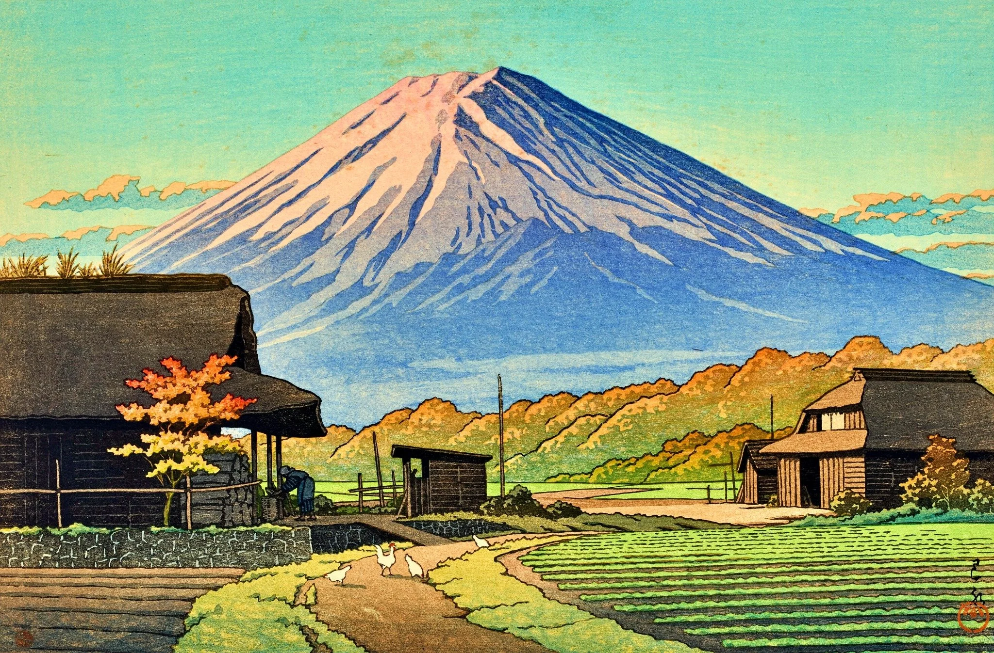 Autumn in Funatsu by Kawase Hasui: Mount Fuji above village farmhouses, autumn trees, green fields and a winding path with white chickens.