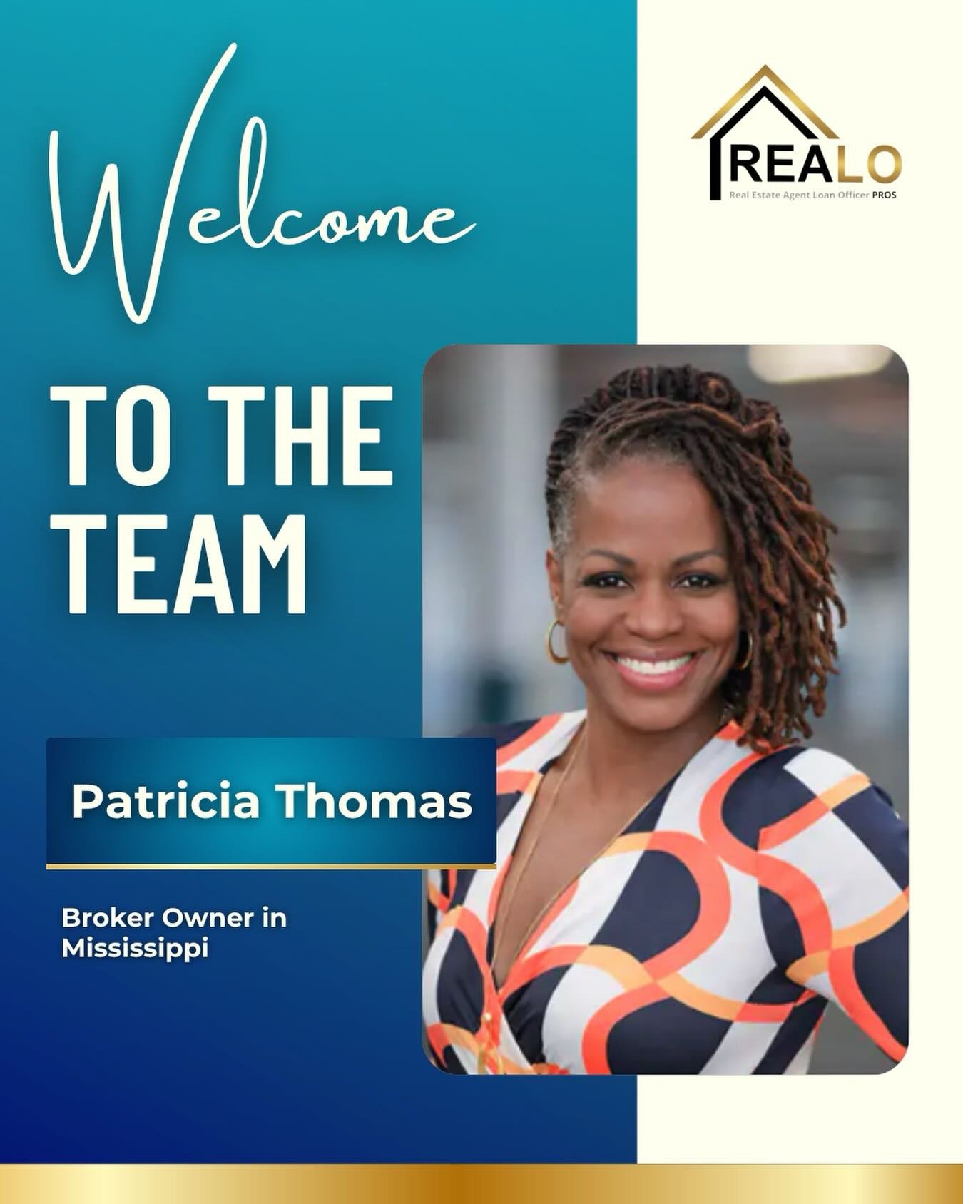 ✨ Welcome Patricia Thomas to REALO Pros! ✨

We are beyond thrilled to officially welcome Patricia Thomas to the REALO Pros team!

Patricia joins us as a powerhouse Broker Owner based in Mississippi, bringing a wealth of expertise and a passion for ex
