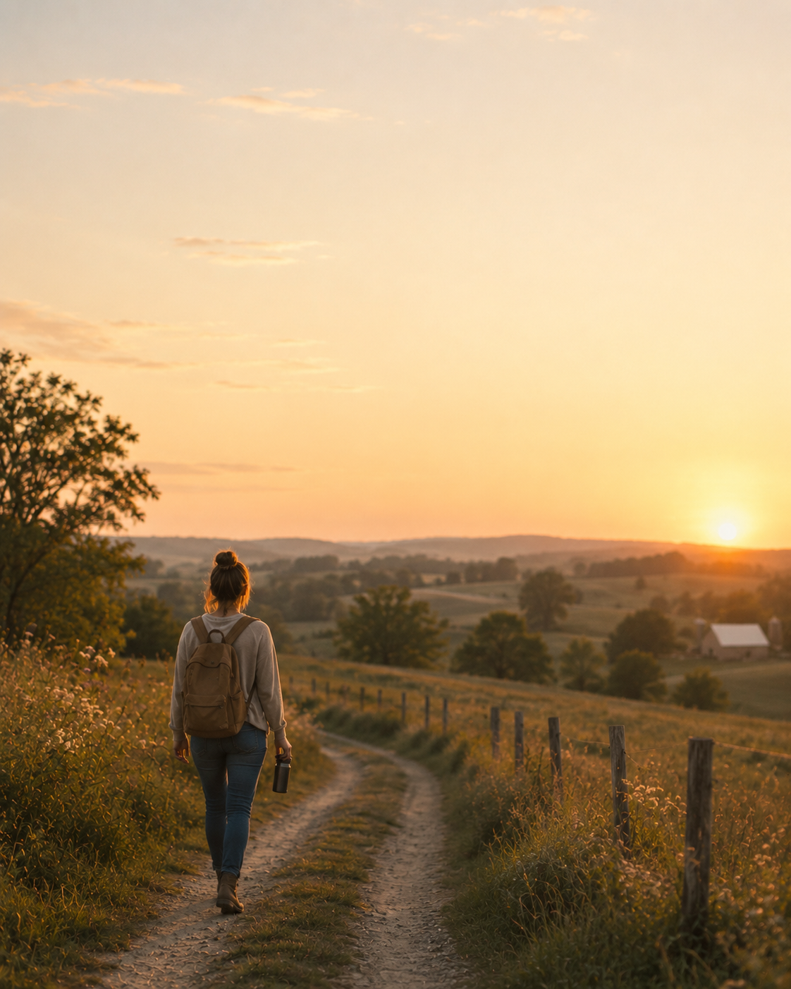 A person walking along a dirt country road at sunset, carrying a backpack and water bottle, with fields and trees around.