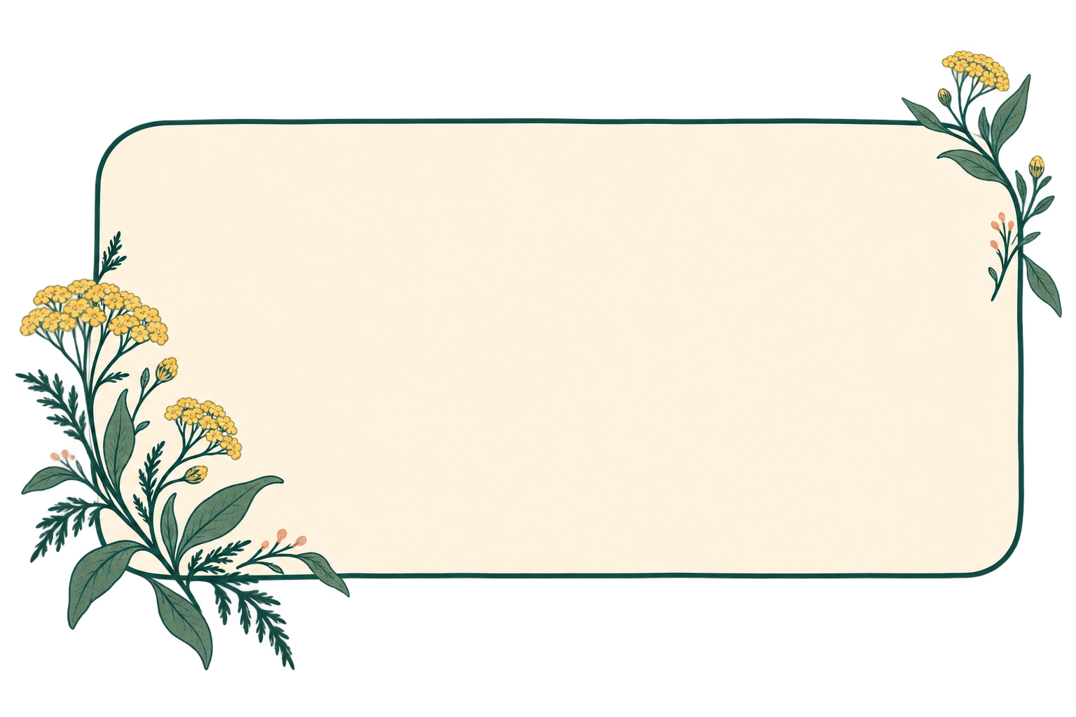 Decorative floral label with yellow flowers and green leaves on cream background, rounded corners, no text.