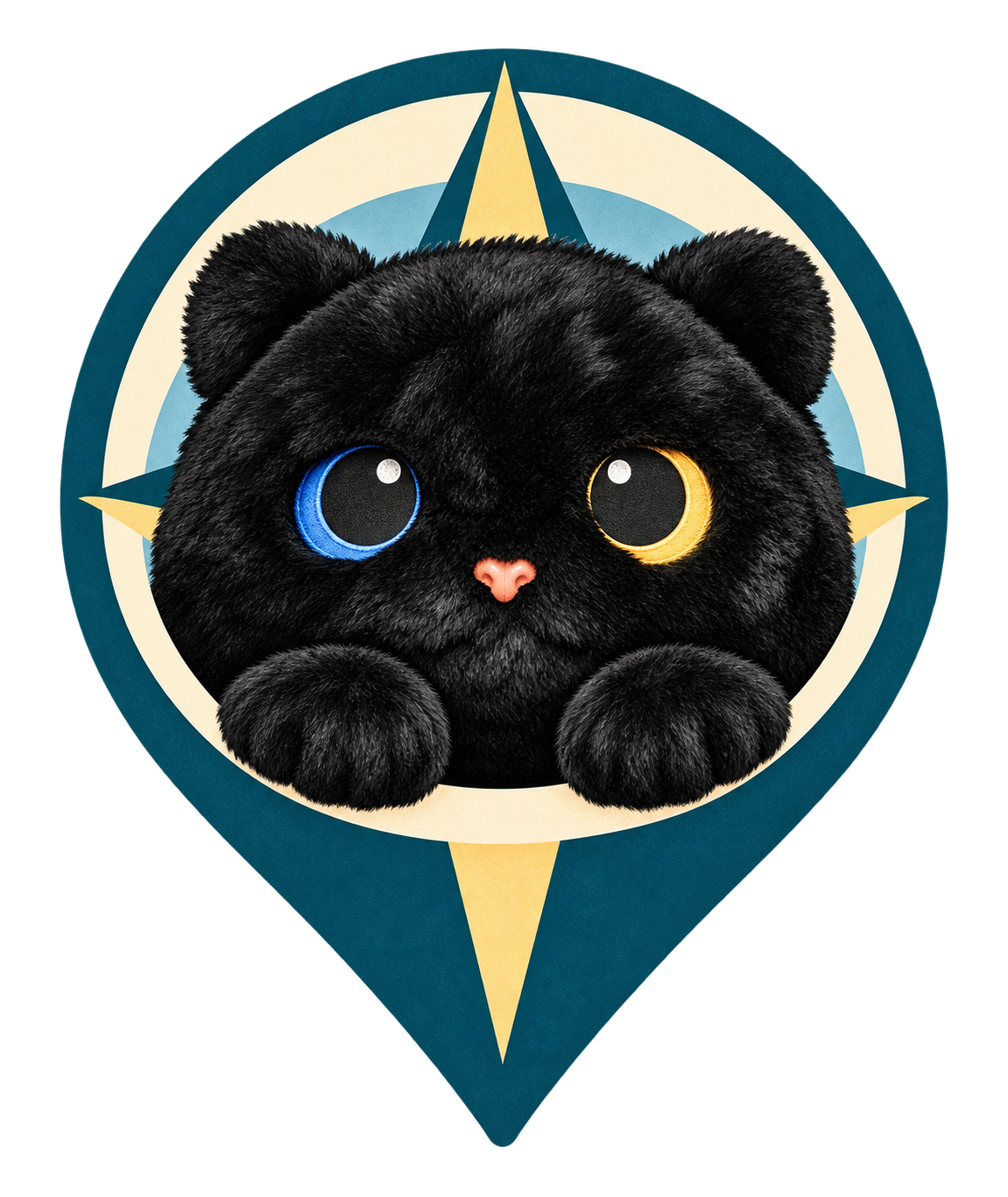 A plush black cat with one blue and one yellow eye, peeking over a nautical navigation emblem with a compass rose design.