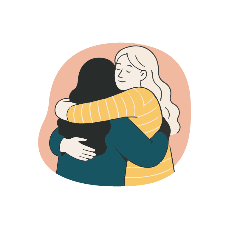 Two women hugging each other affectionately, one with dark hair and the other with light hair, against a pink background.